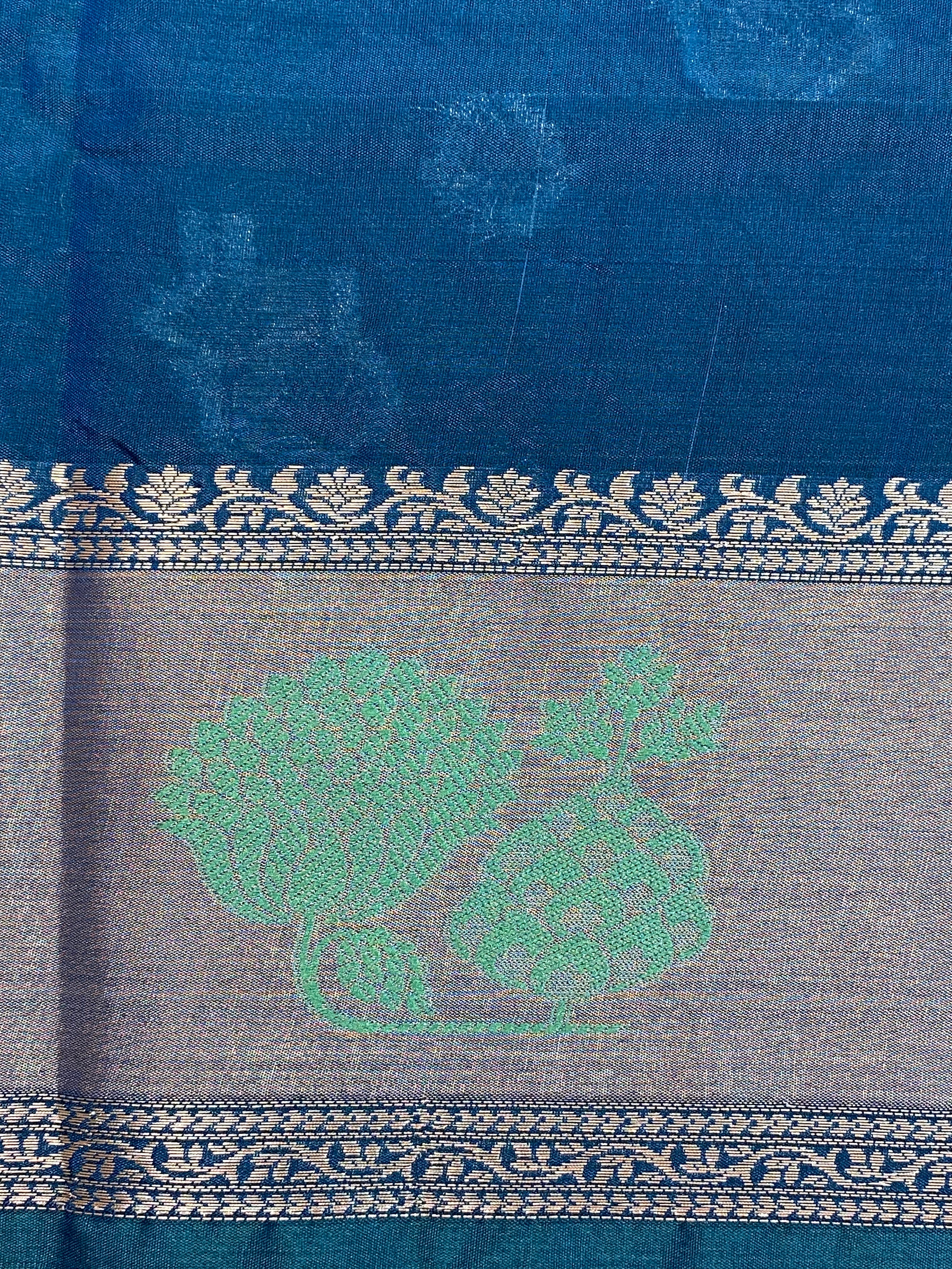 German blue semi Raw Mango silk Border Buta with Golden Zari Banarasi Saree