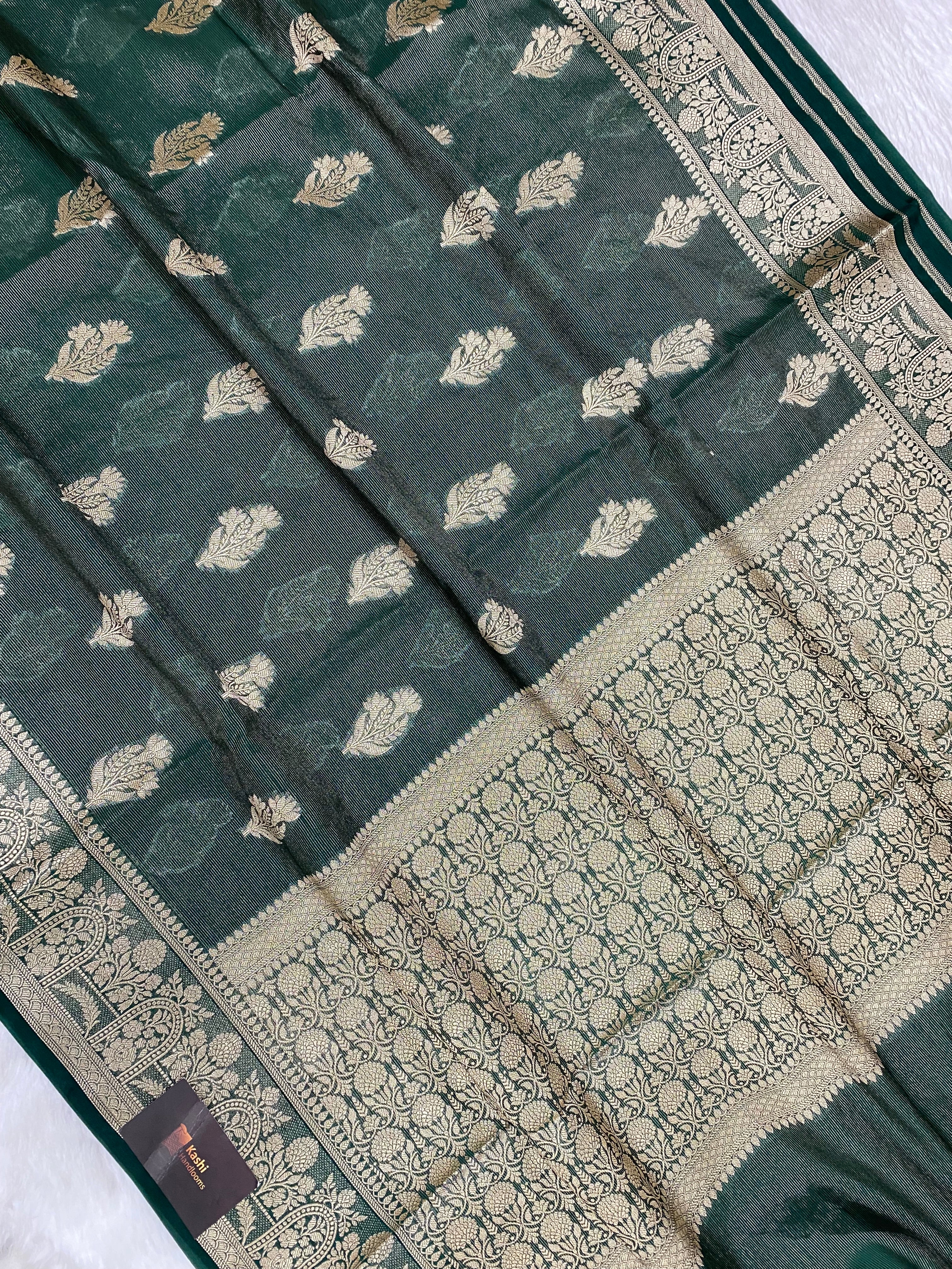 Green Royal silk zari strip Banarasi saree