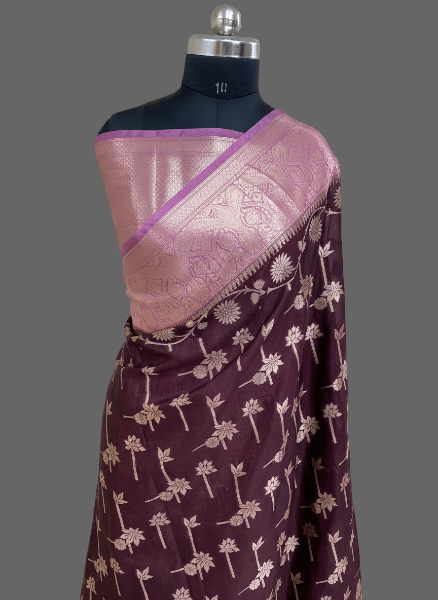 Wine Crepe Silk Banarasi Saree