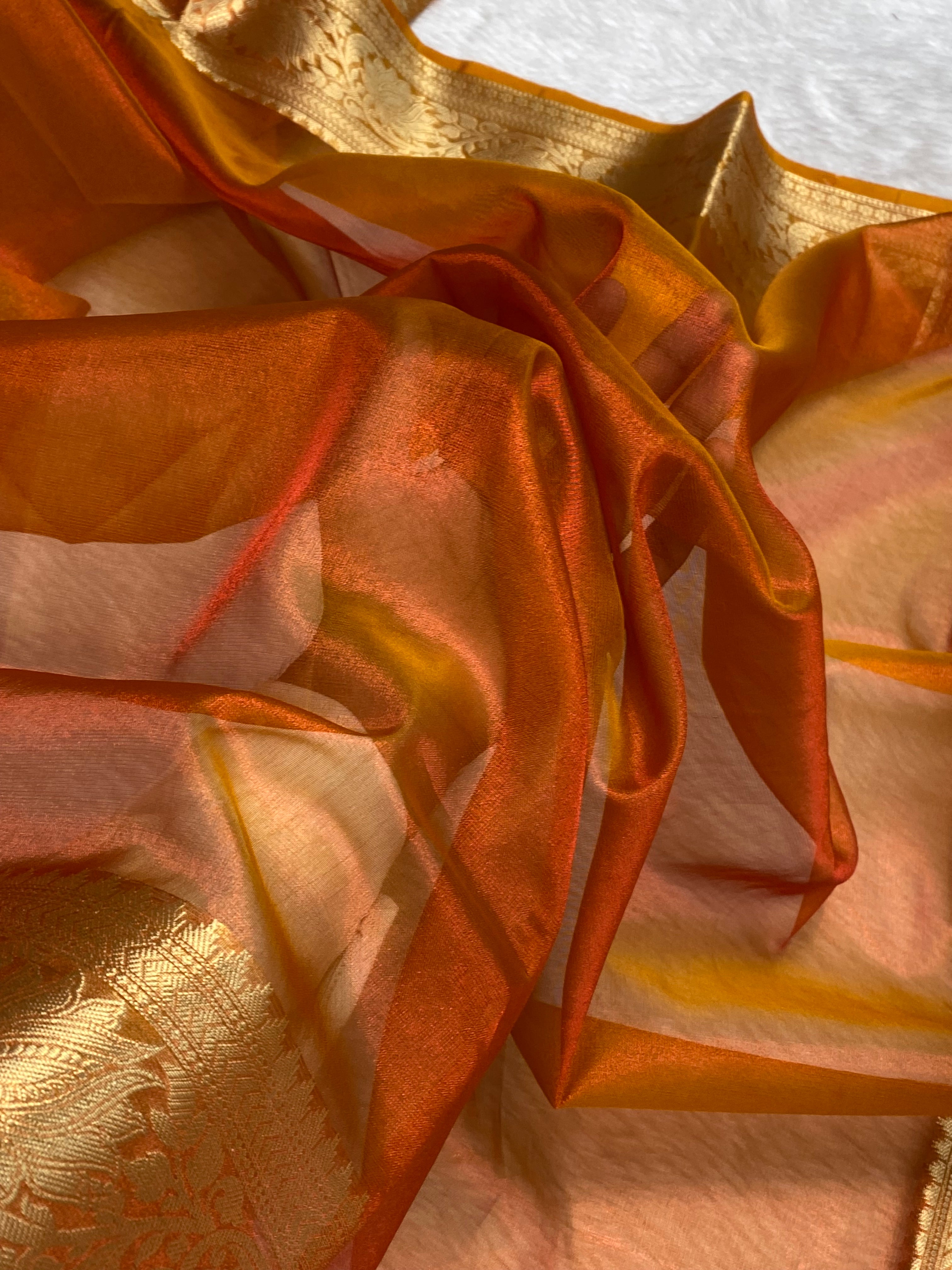 Premium orange colour tissue silk Banarasi saree