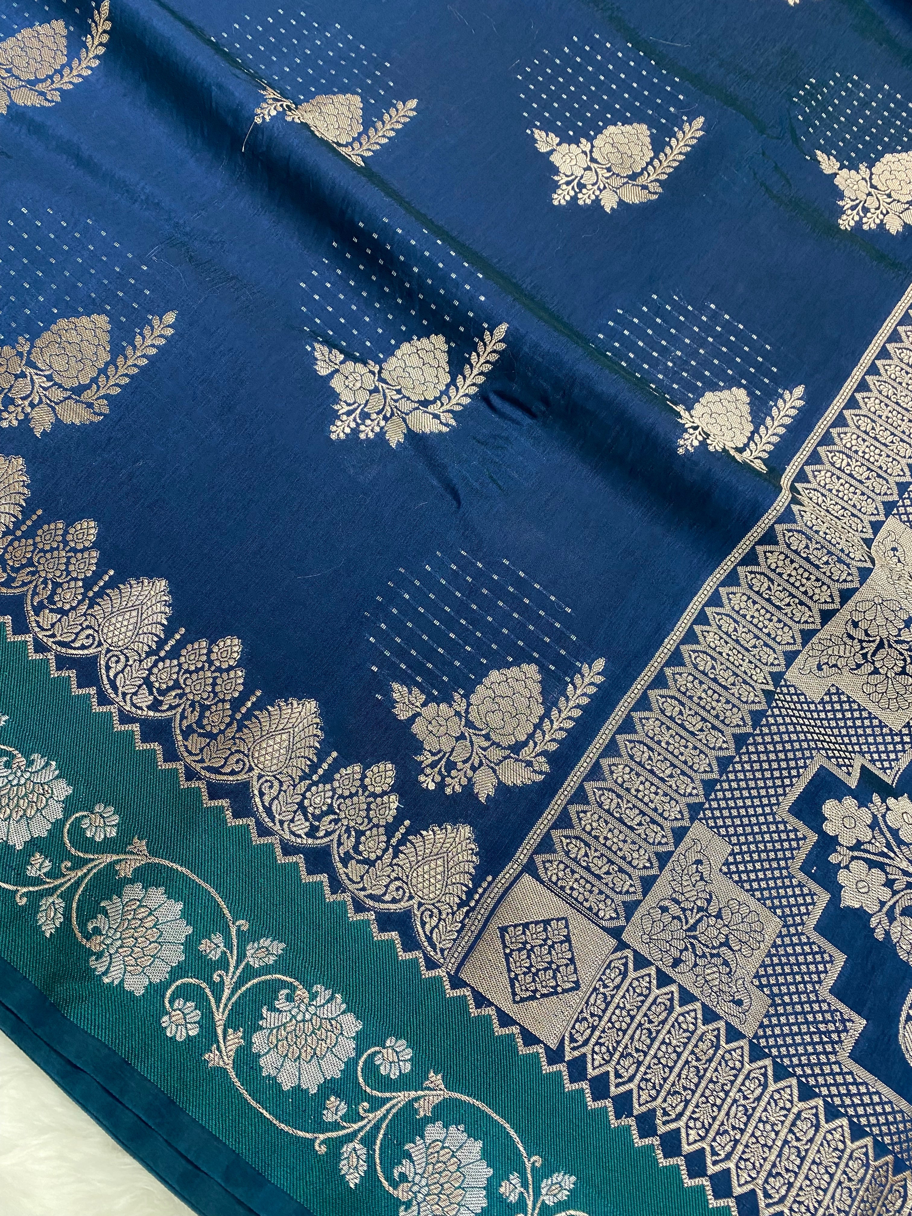 Jerman Blue Raw Mango silk Banarasi Saree