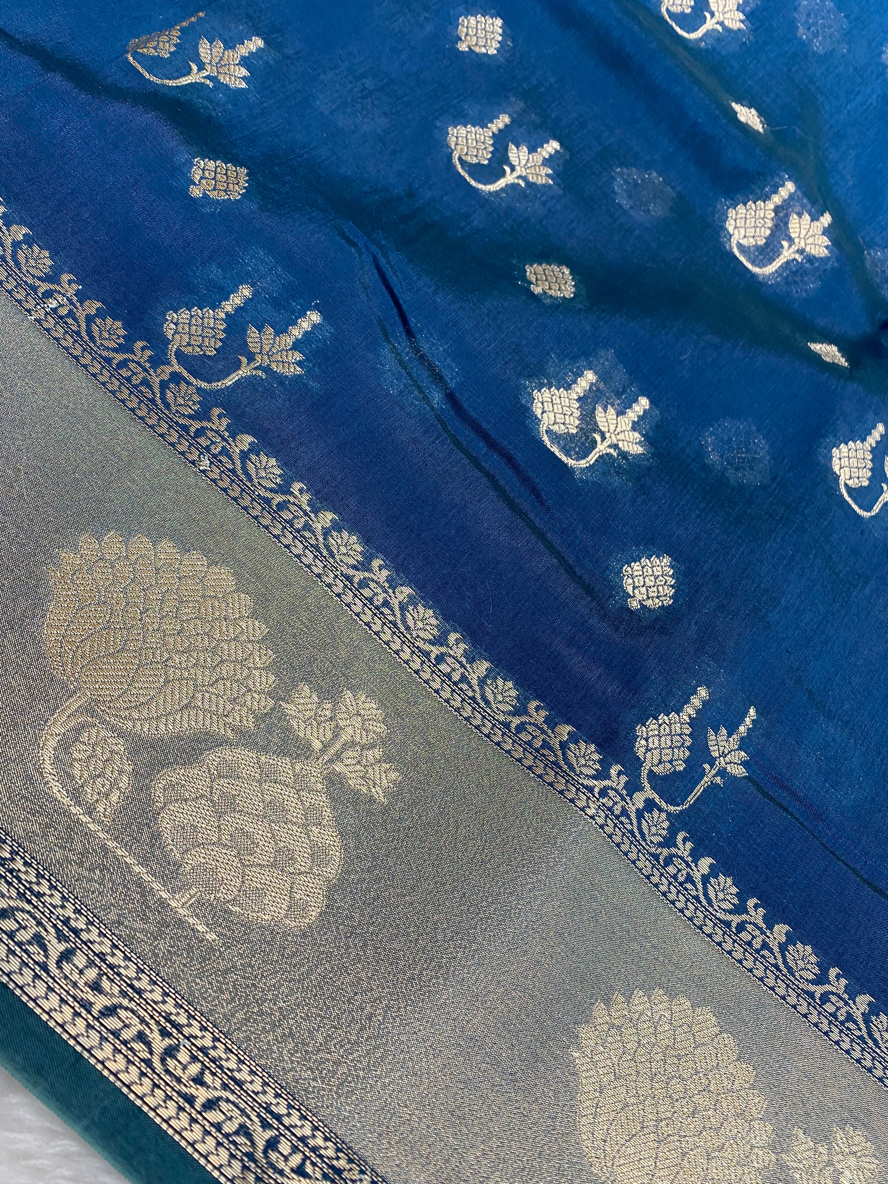 Viscose Raw mango jerman blue Banarasi saree