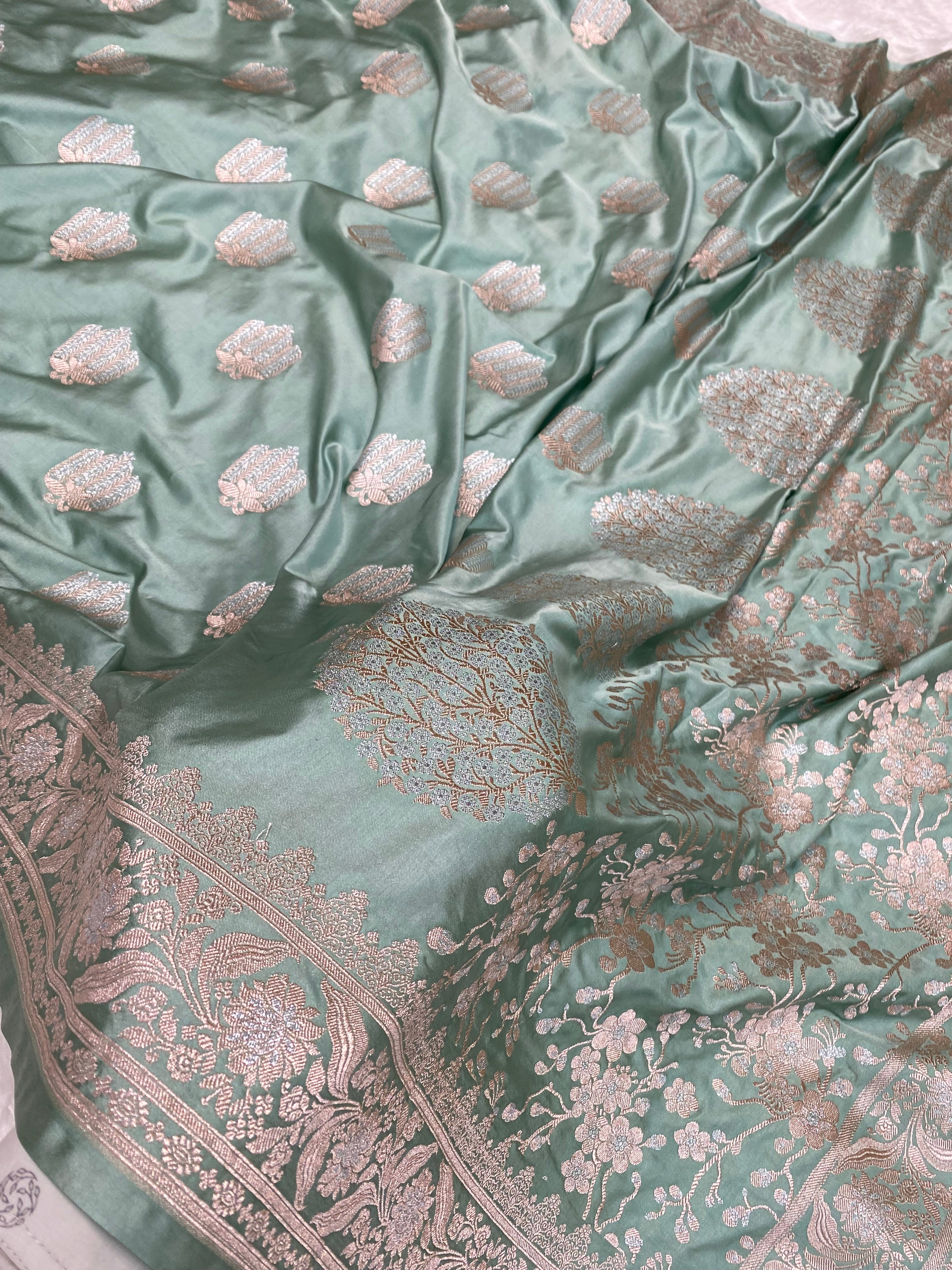 Sea Green Mashru Silk Banarasi Saree with buta