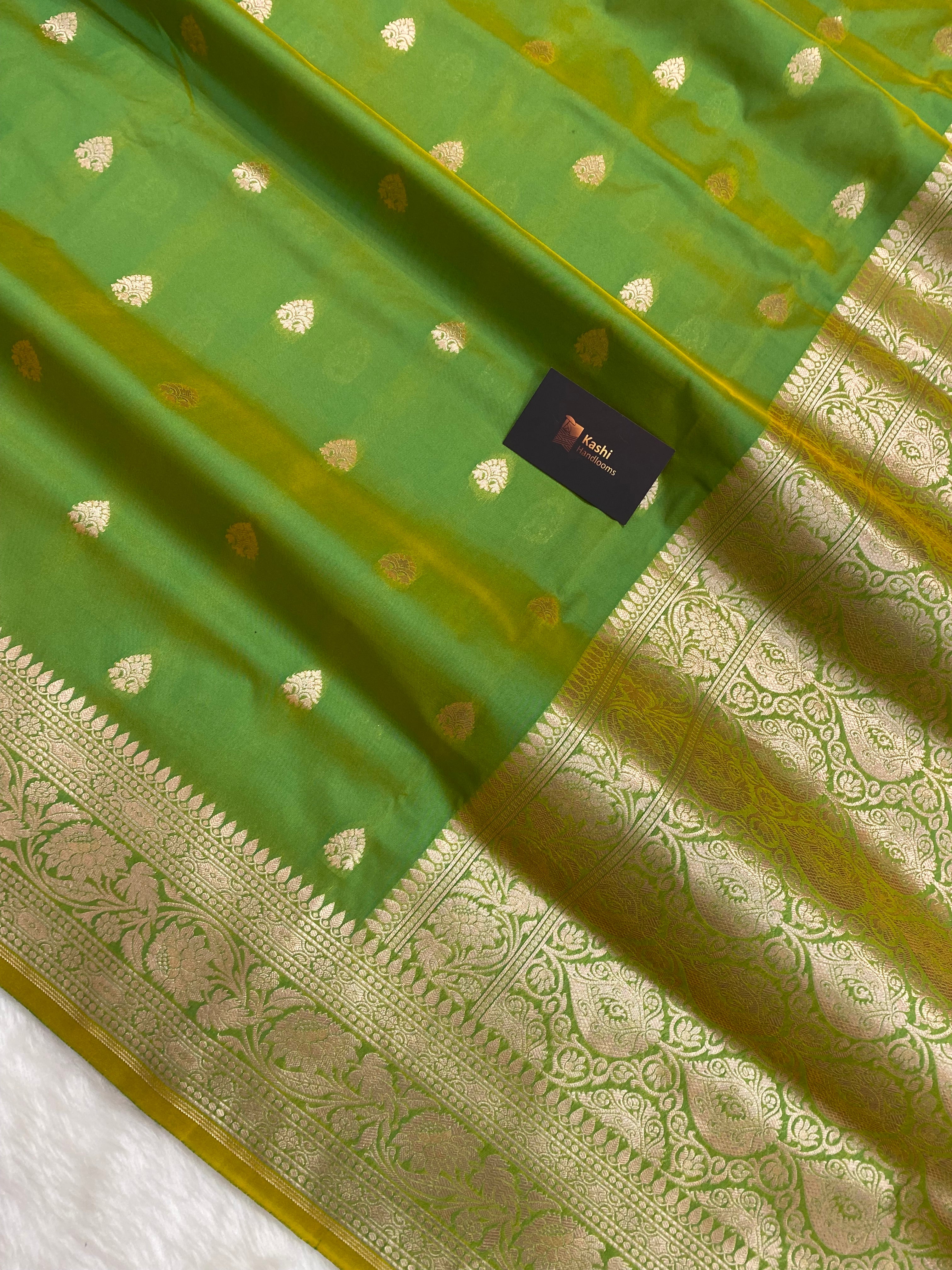 Pista green semi katan mashru silk banarasi saree