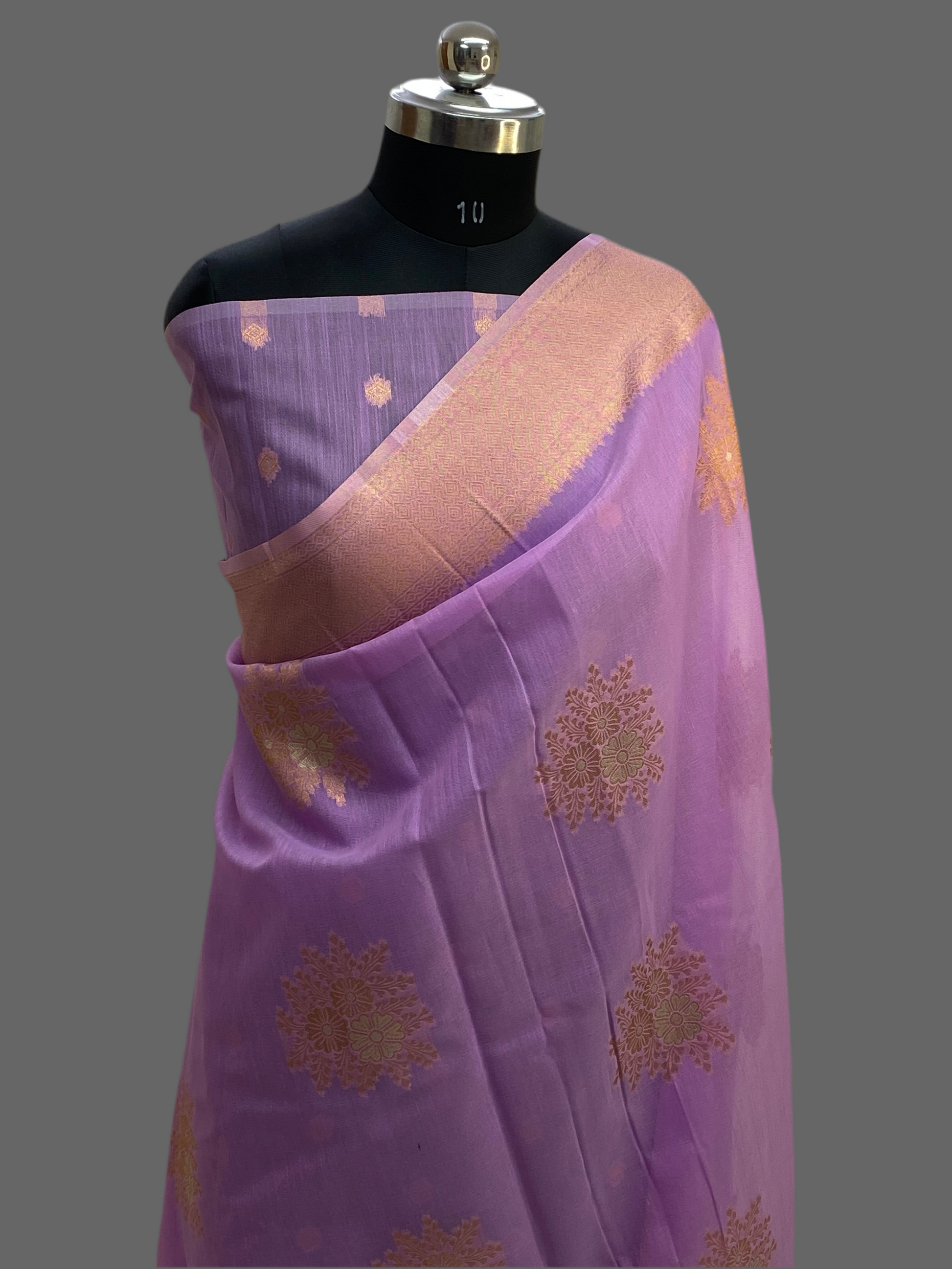 Lavender Cotton Saree with Gold Zari Motifs and Border