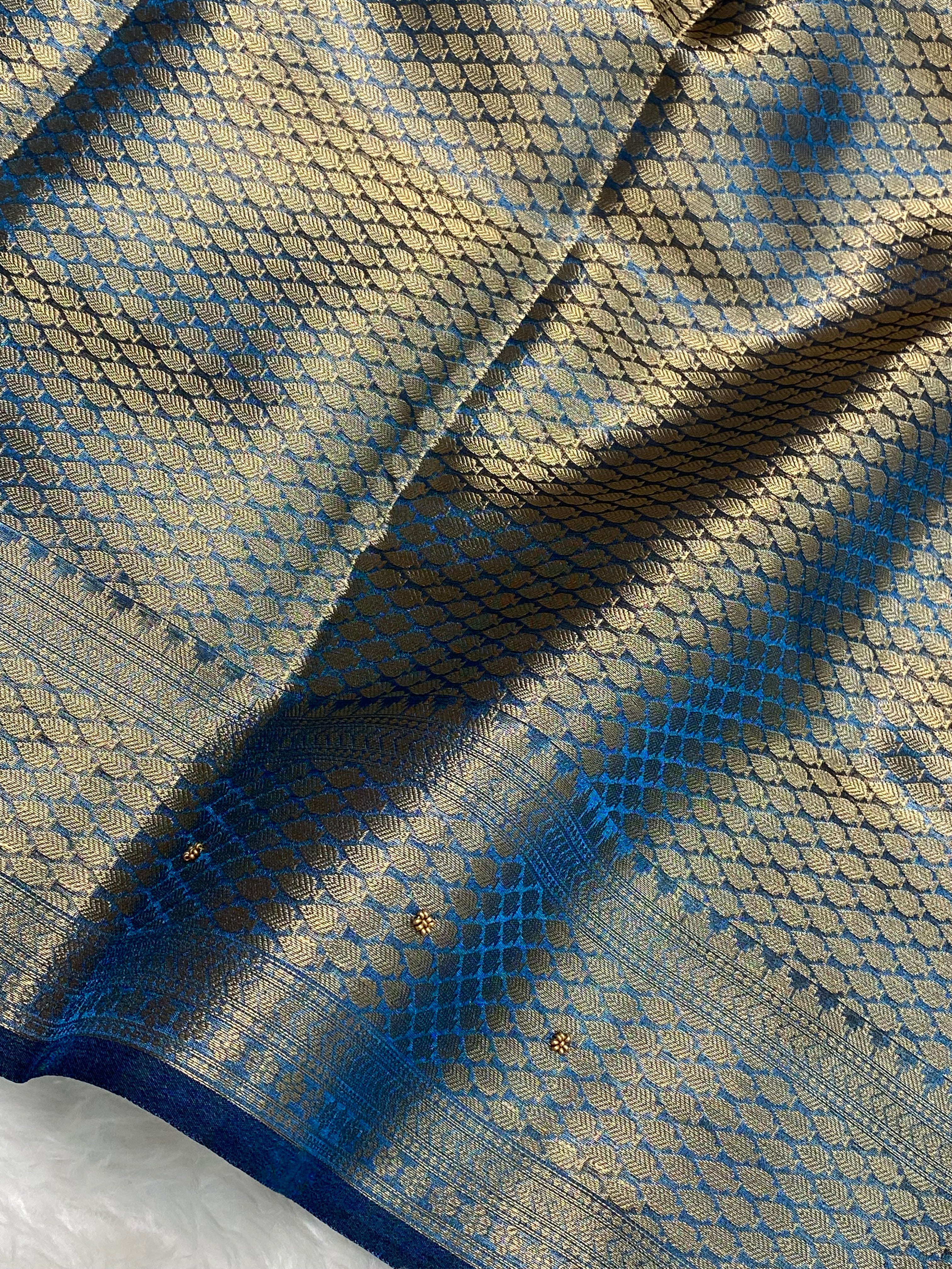 Premium blue colour Dhoop chaw tissue silk Banarasi saree with handwork