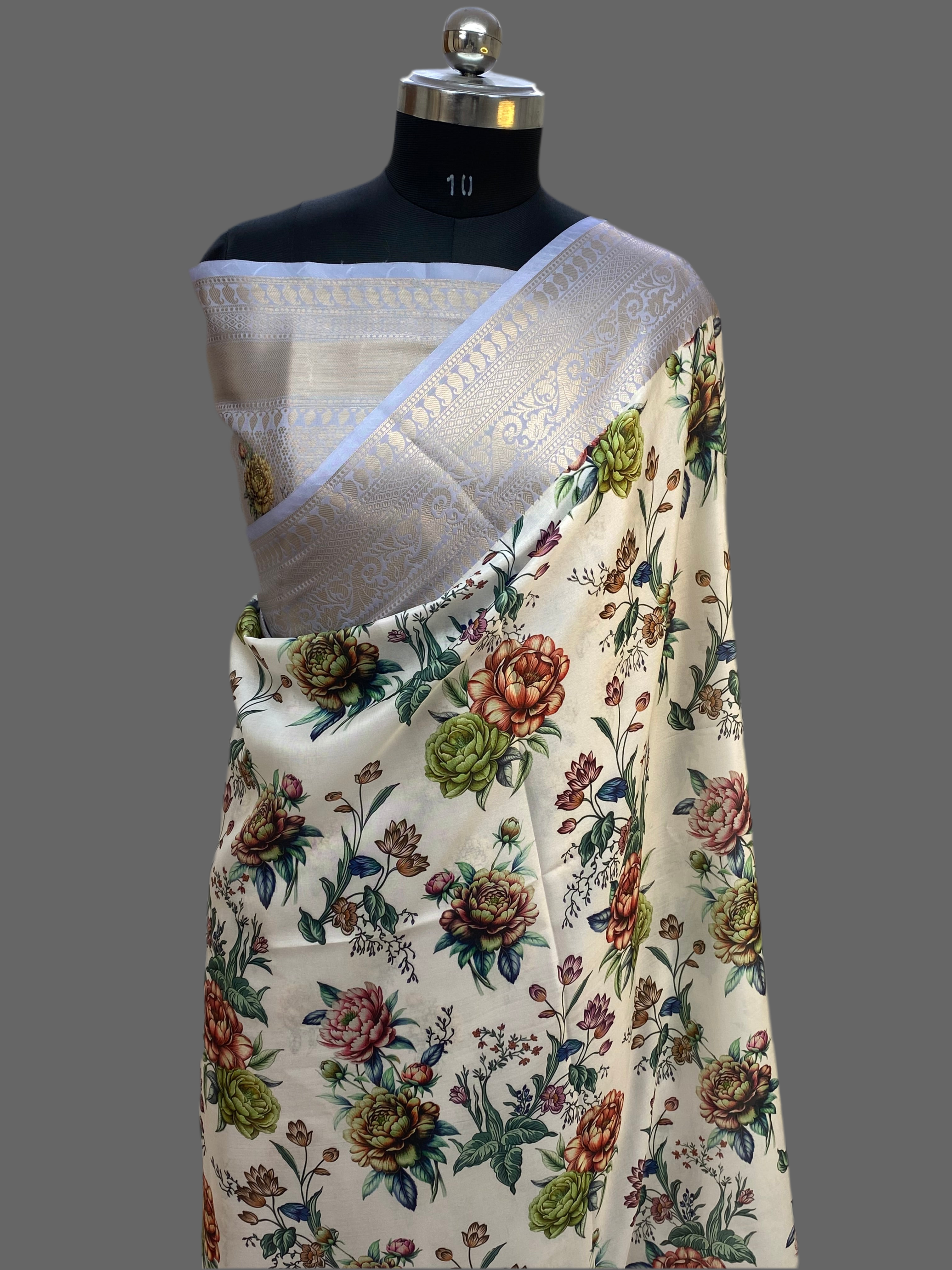 Off-White Floral Georgette Saree with Digital Print