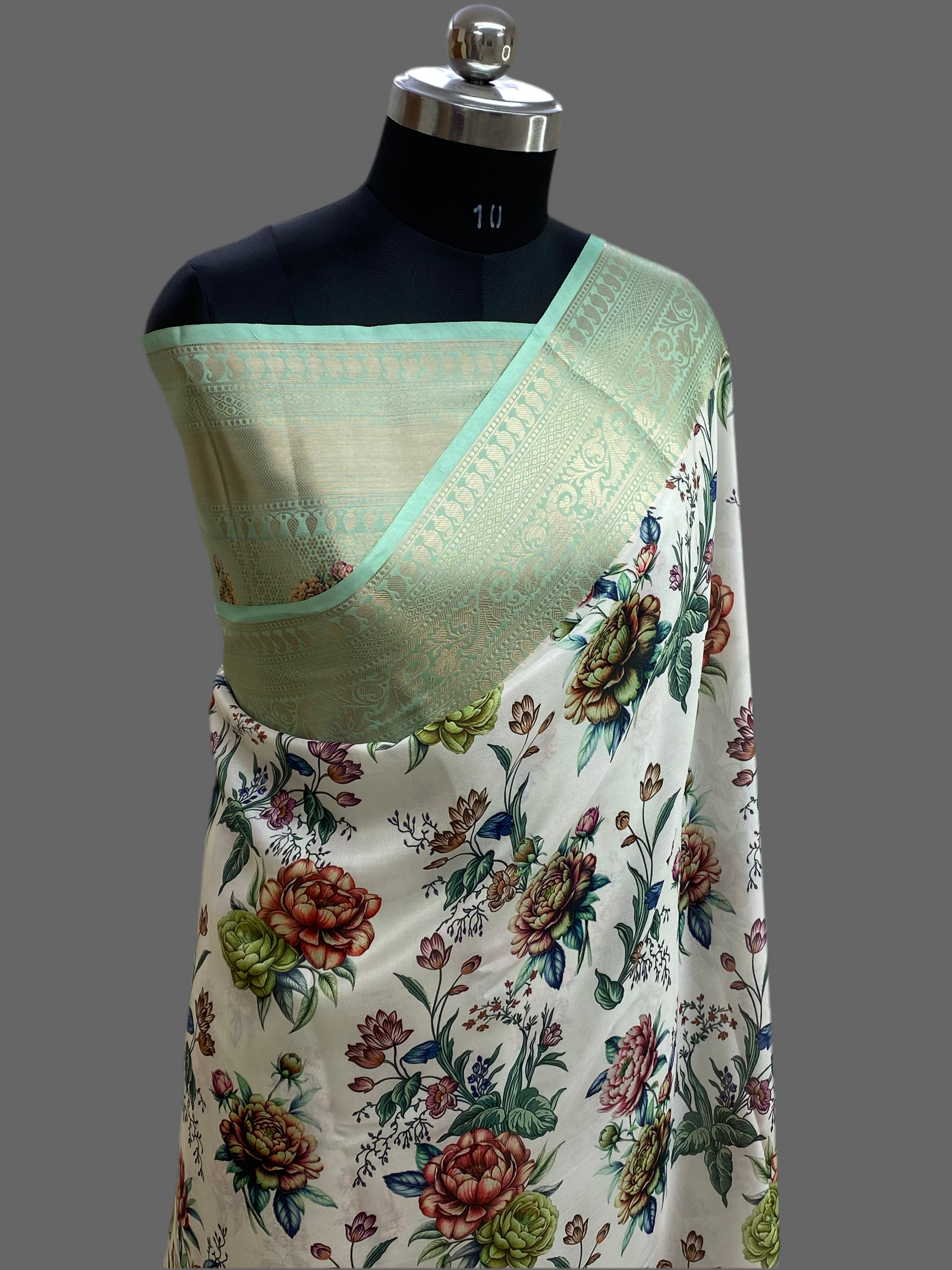 Off-White Floral Georgette Saree with Digital Print