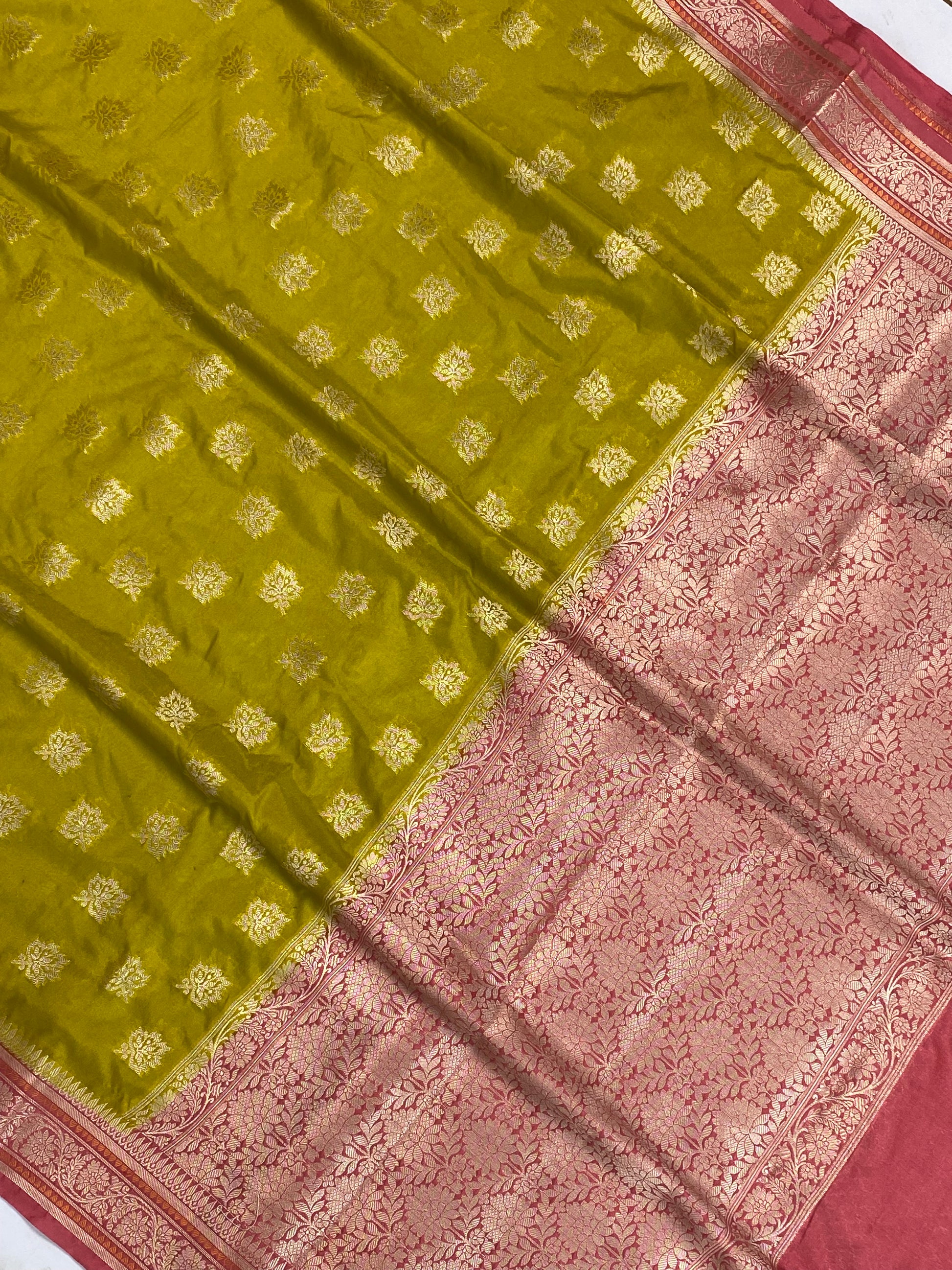 Yellow Munga Silk Border Buta Banarasi Saree with contrast boarder and pallu