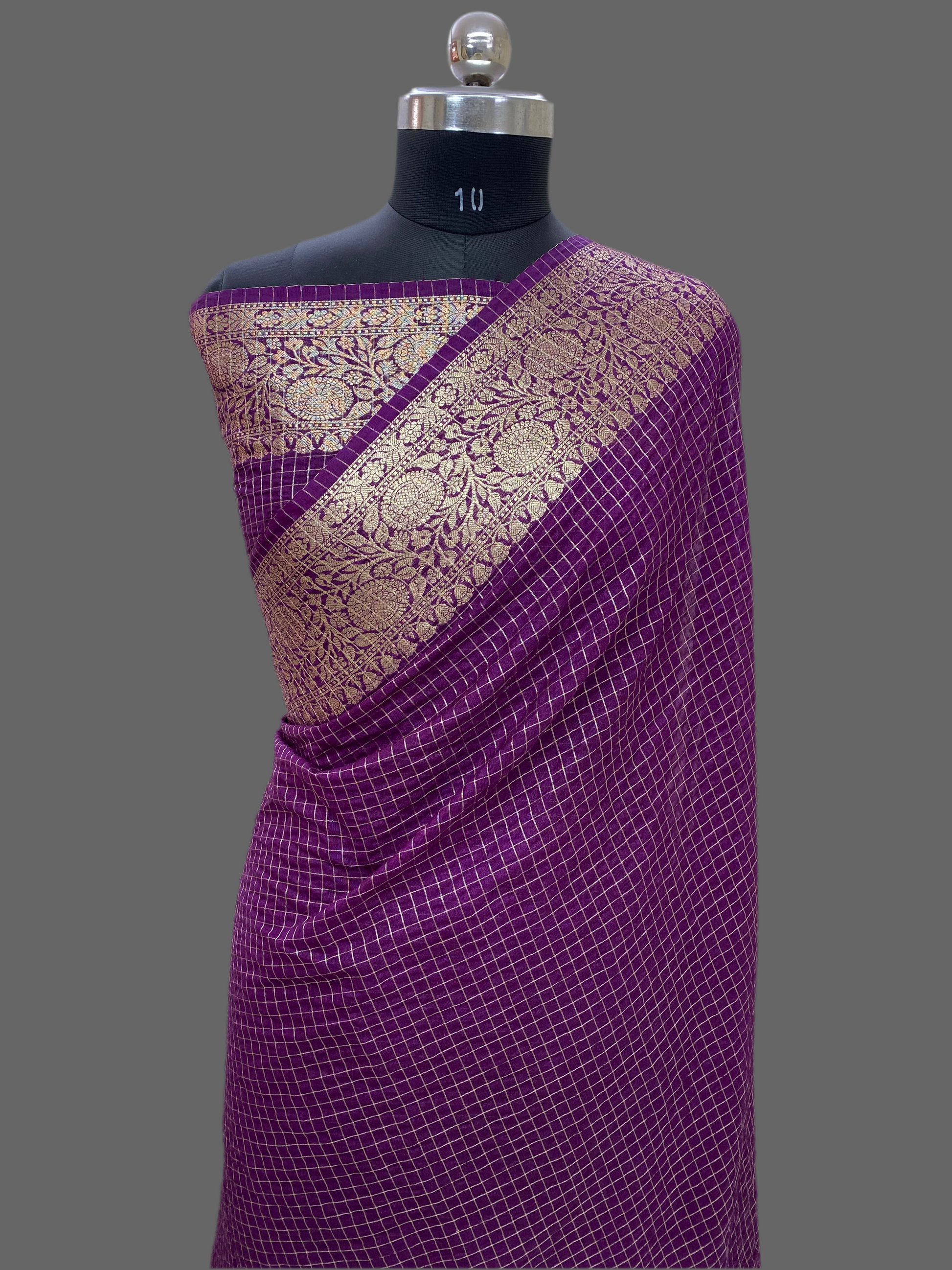 Magenta Fancy Check Cotton Banarasi Saree