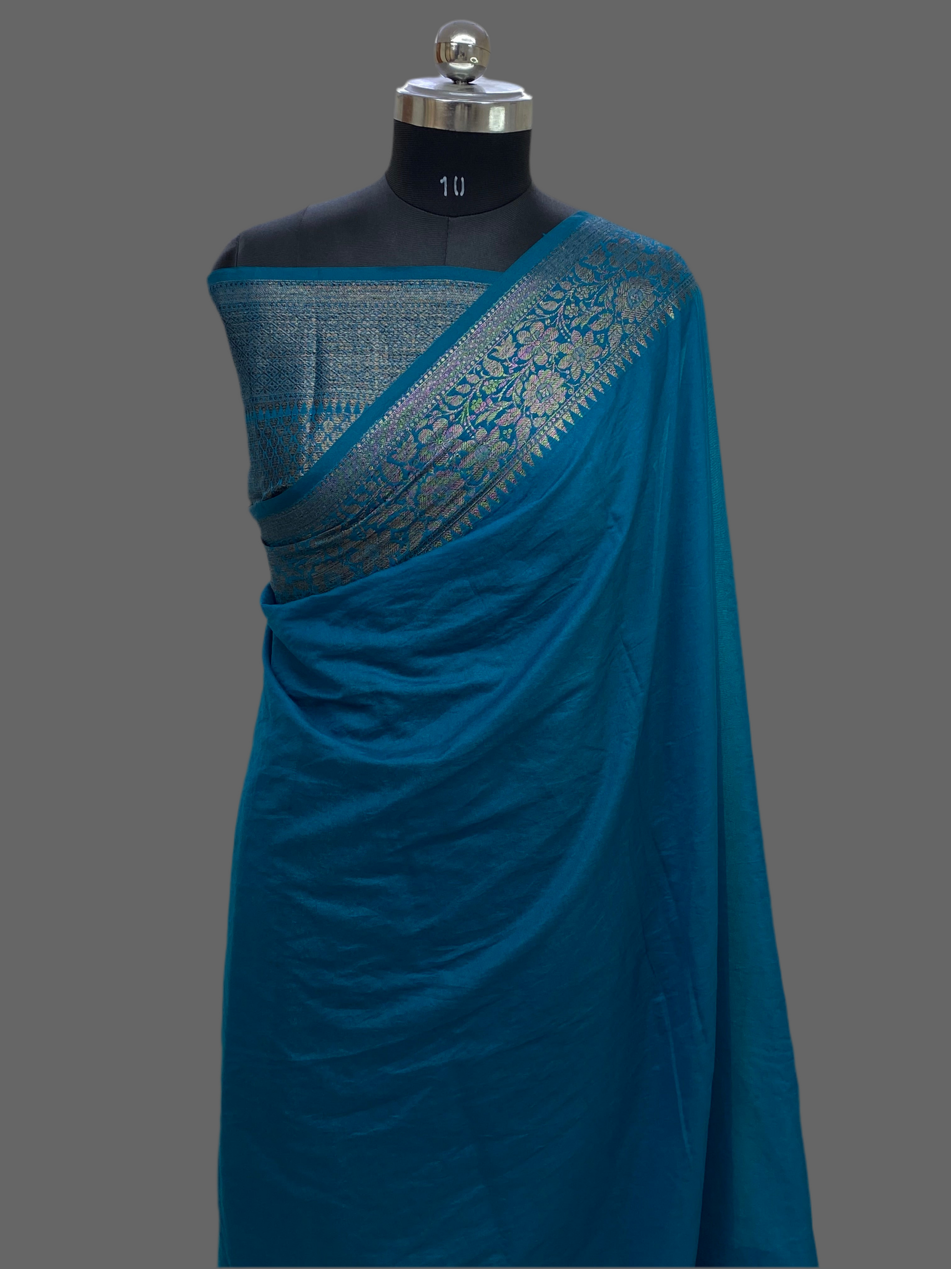 Teal Blue Georgette Saree with Antique Zari Border