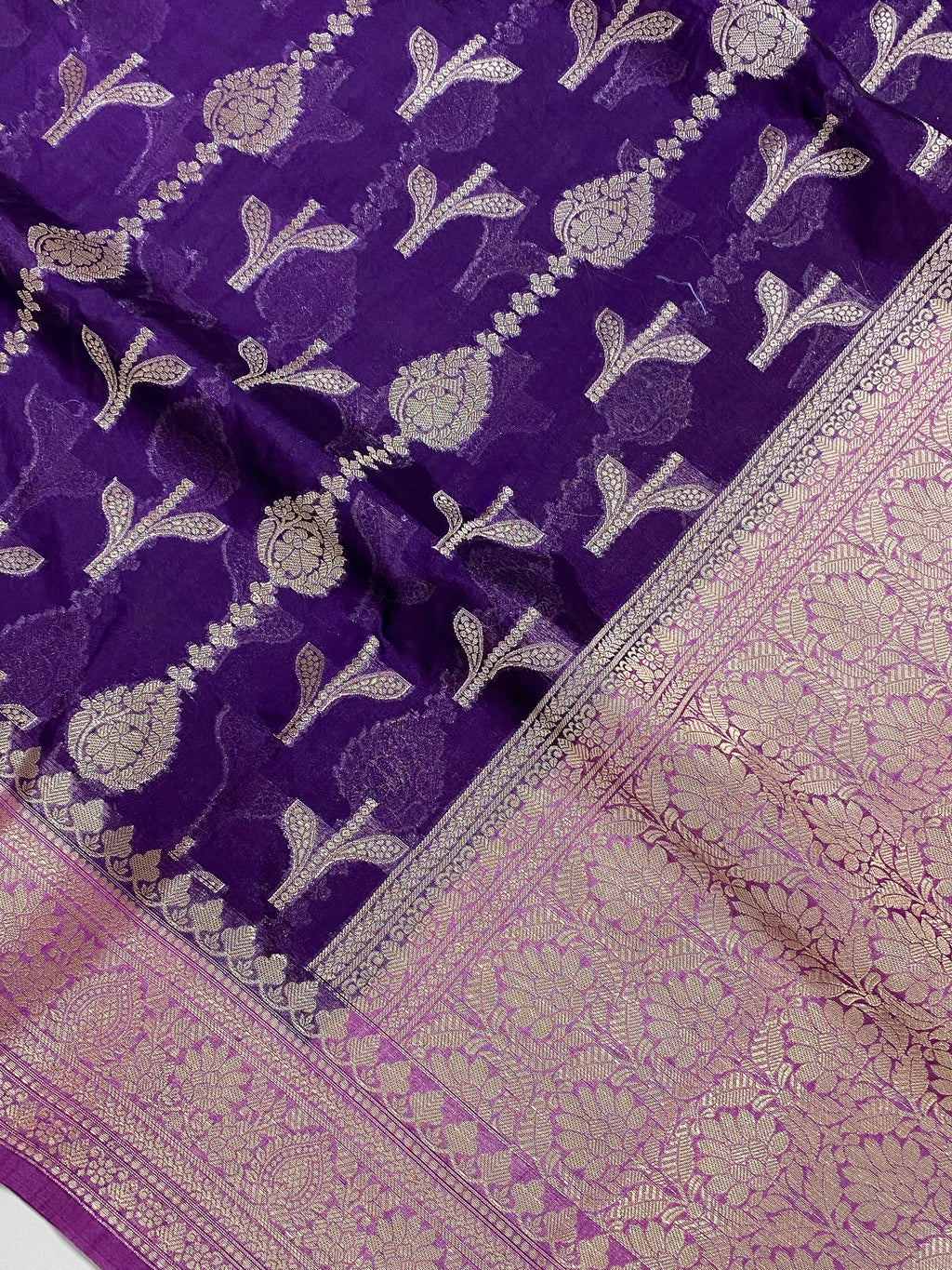 Purple Munga Silk Border Buta Banarasi Saree with contrast boarder and pallu