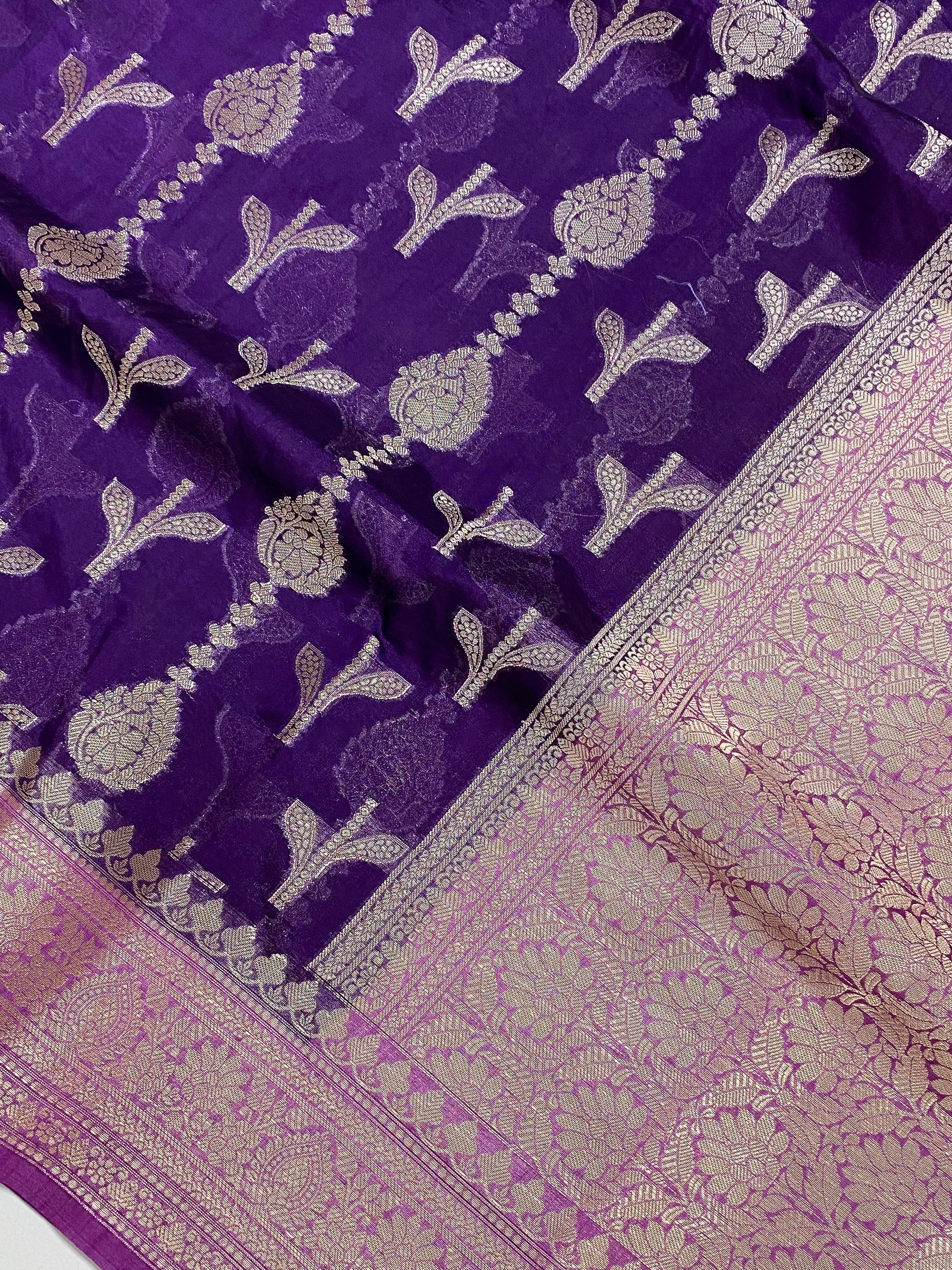 Purple Munga Silk Border Buta Banarasi Saree with contrast boarder and pallu