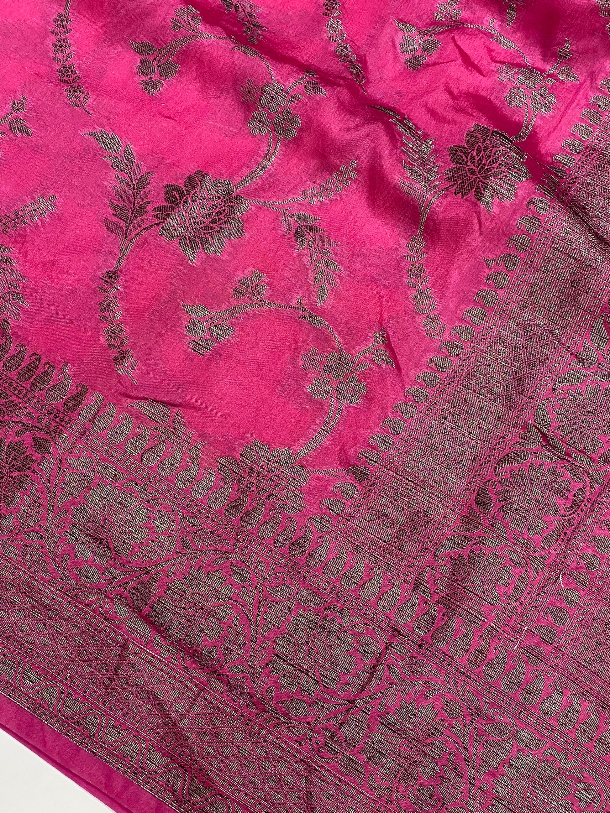 Dark Pink Georgette Jangla Pattern Banarasi Saree