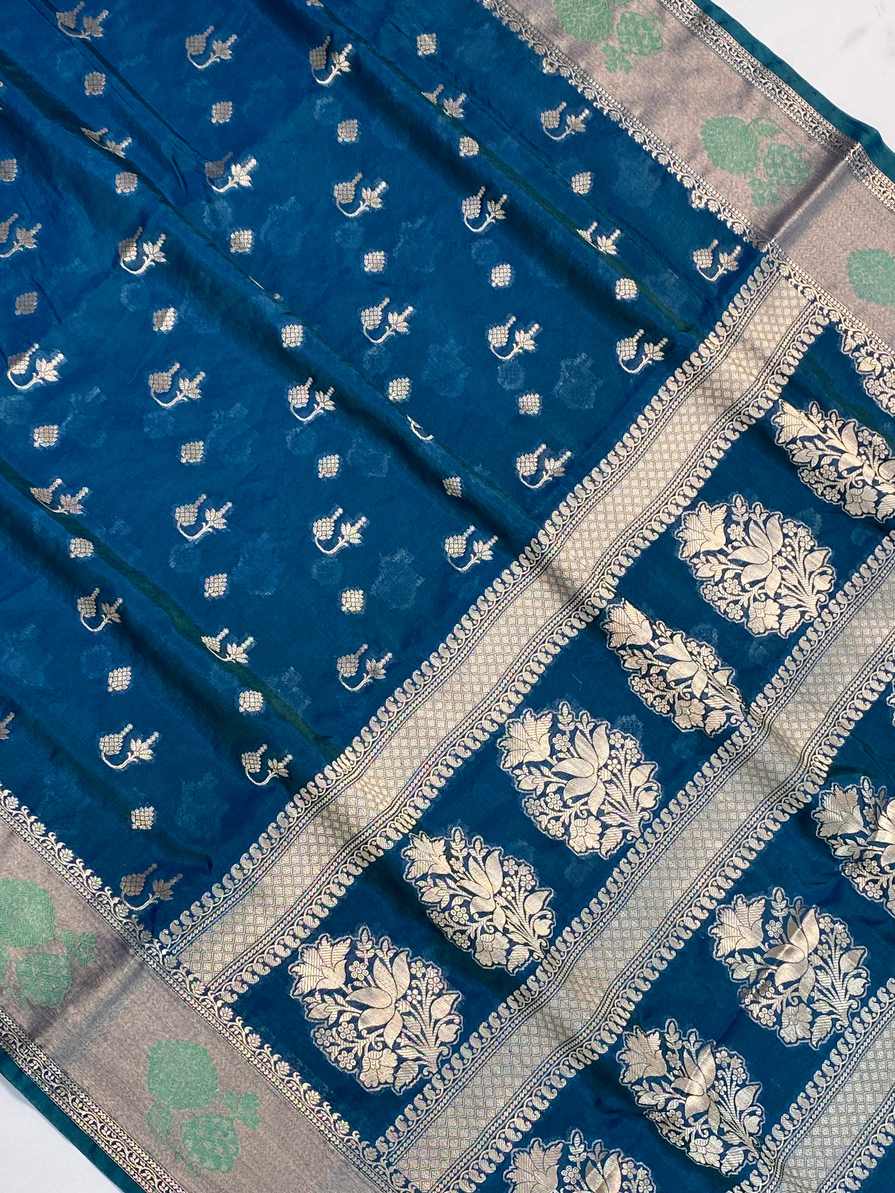 German blue semi Raw Mango silk Border Buta with Golden Zari Banarasi Saree