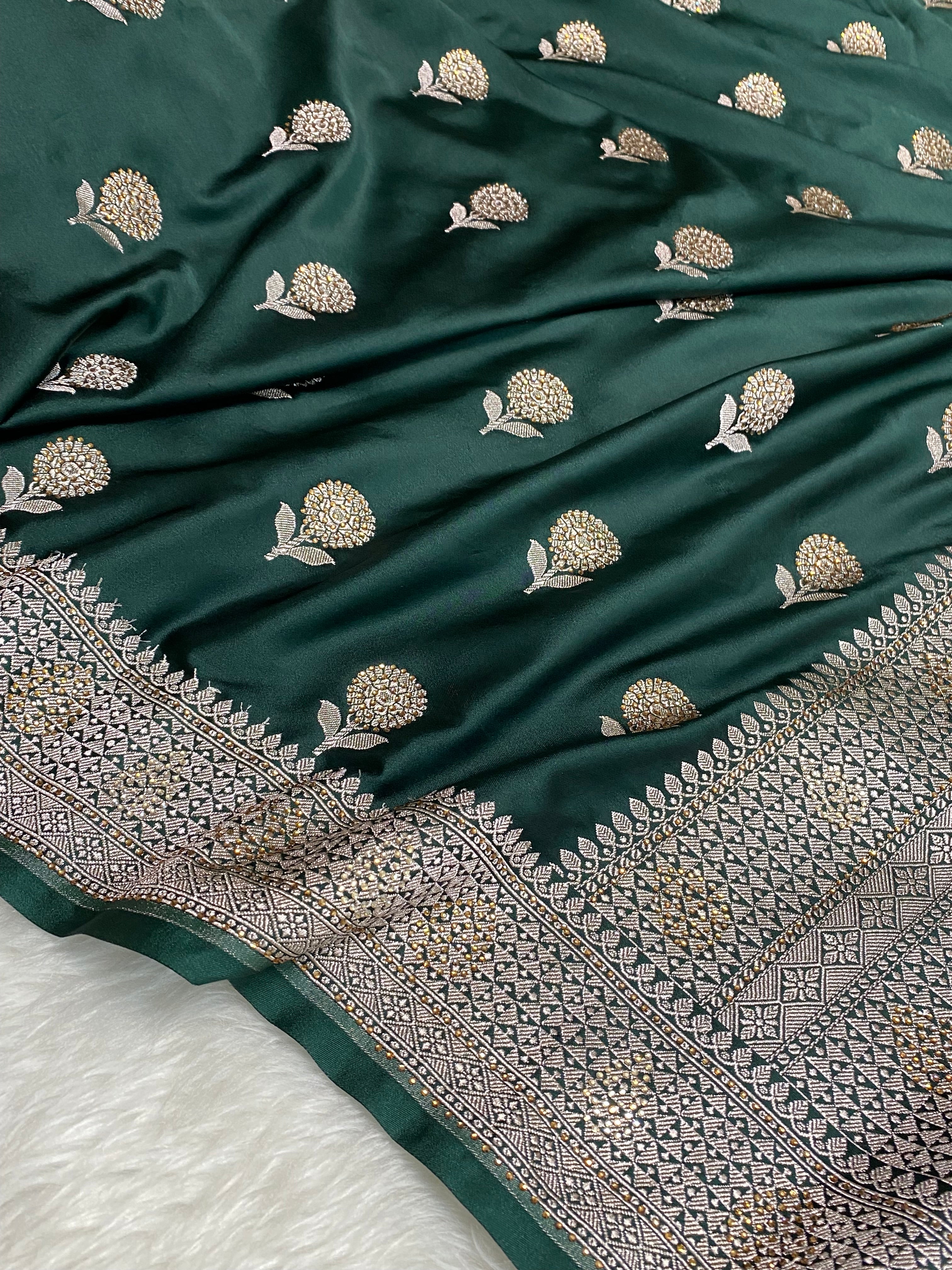 Bottle green colour mashru silk Banarasi saree