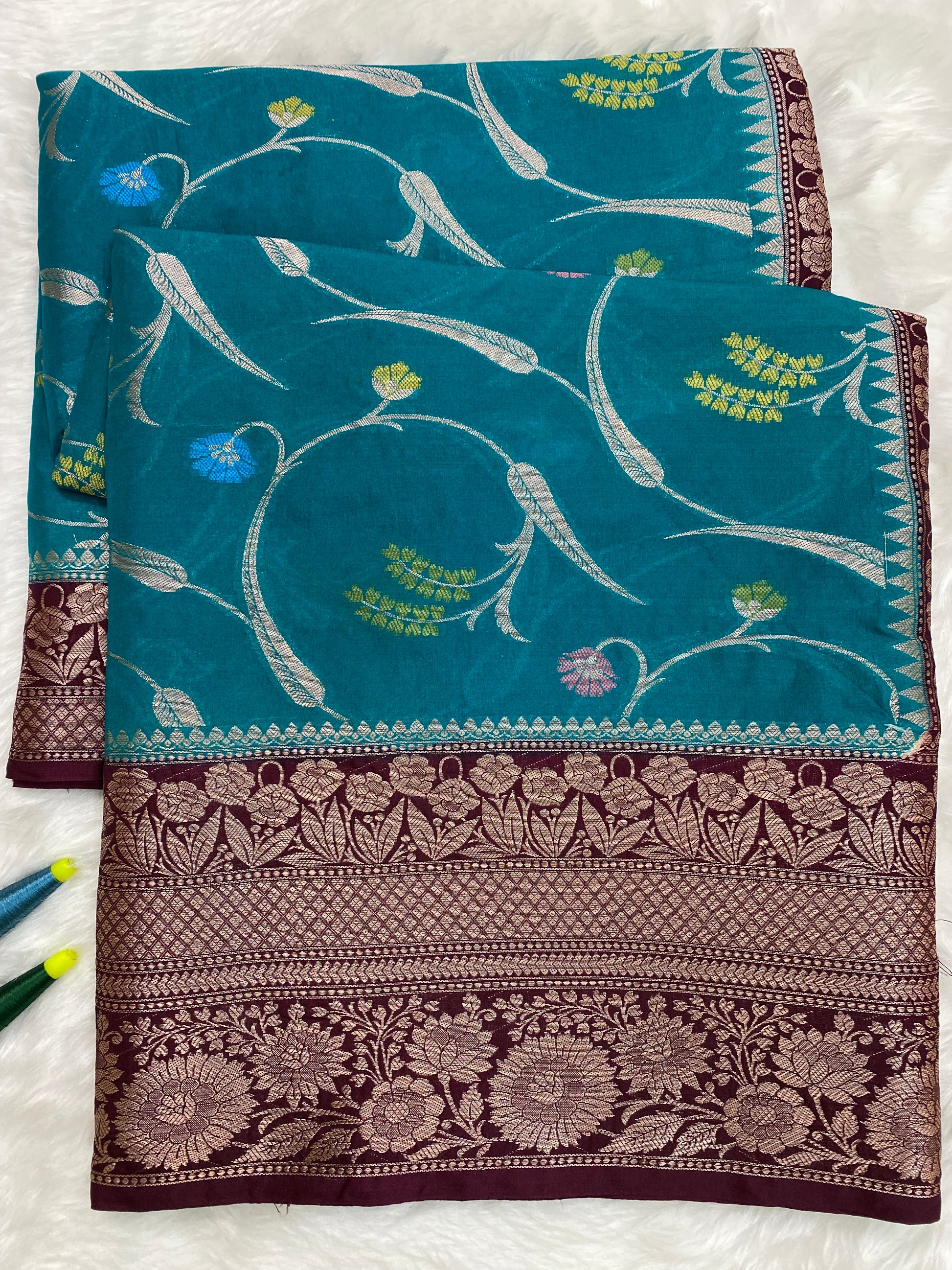 Teal Blue Katan Silk Banarasi Saree