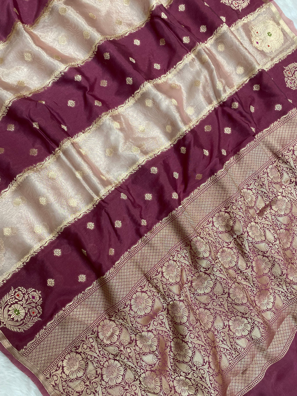 Wine Raw Mango Tissue Silk Banarasi Saree
