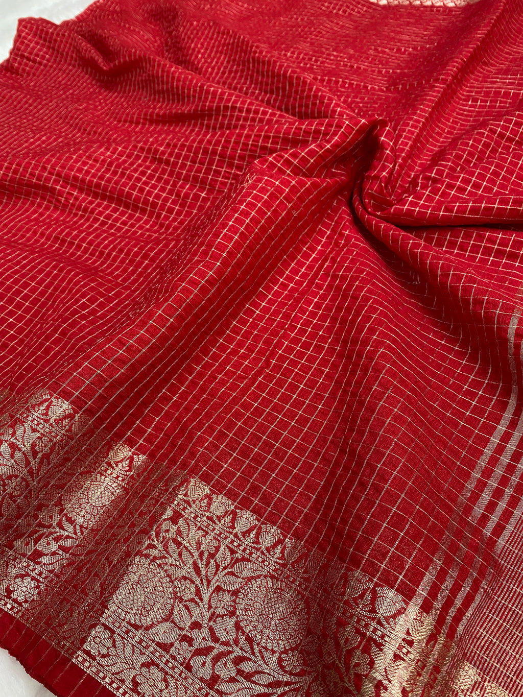 Red Cotton Check Banarasi Saree