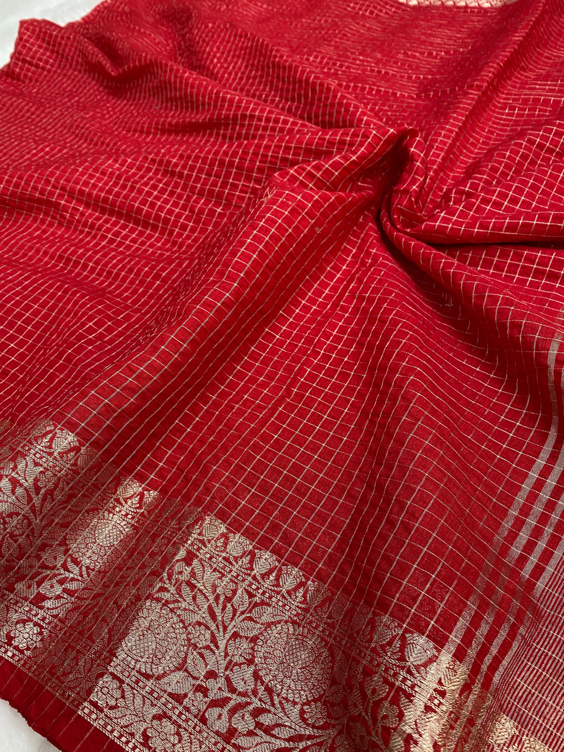 Red Cotton Check Banarasi Saree