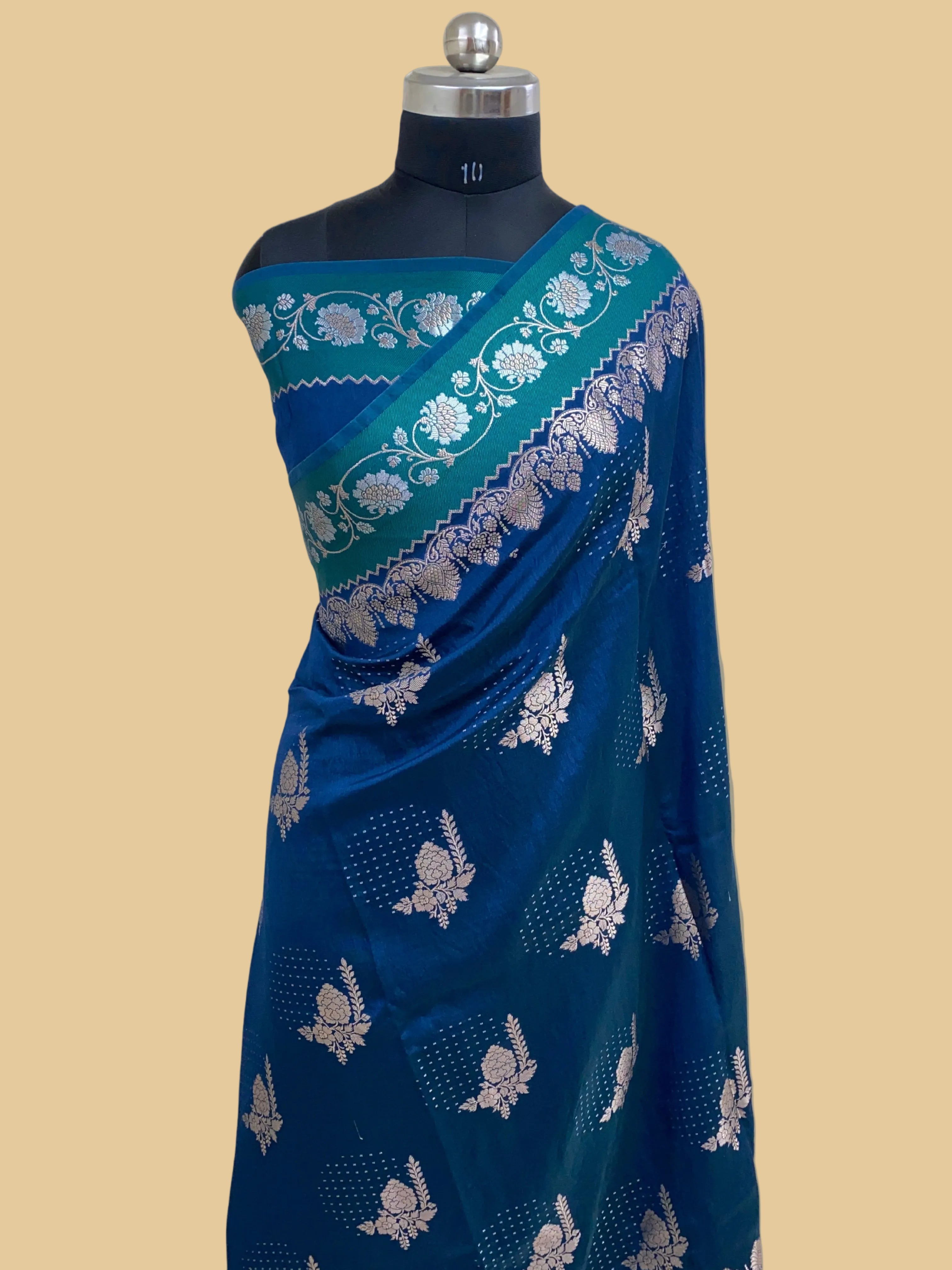 Jerman Blue Raw Mango silk Banarasi Saree
