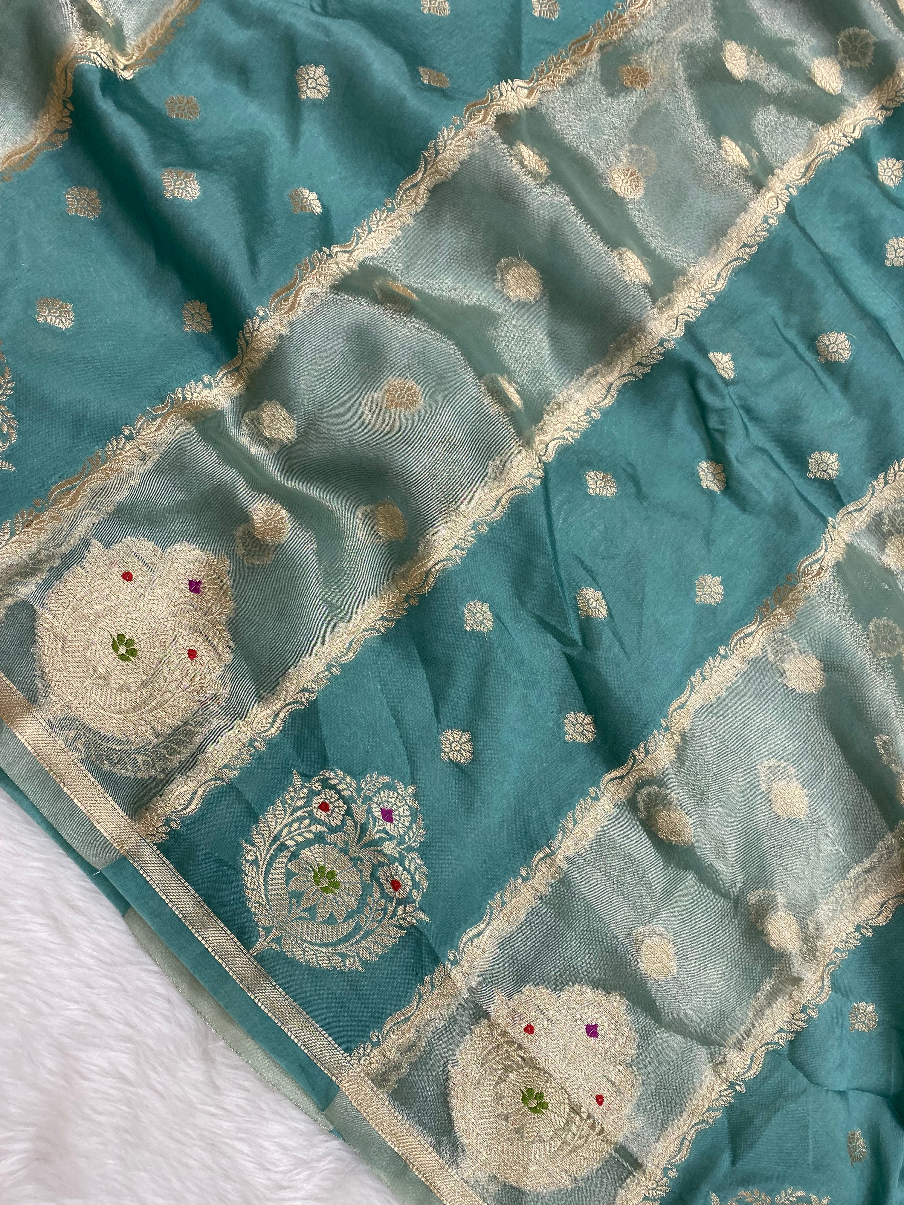 Teal blue Raw Mango Tissue Silk Banarasi Saree
