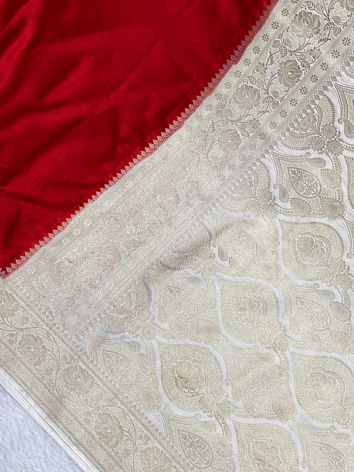 Red with white border mashru silk Banarasi saree