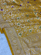 Yellow kinkhaab Mashru Silk Banarasi Saree – Golden Zari Floral & Meenakari Pattern