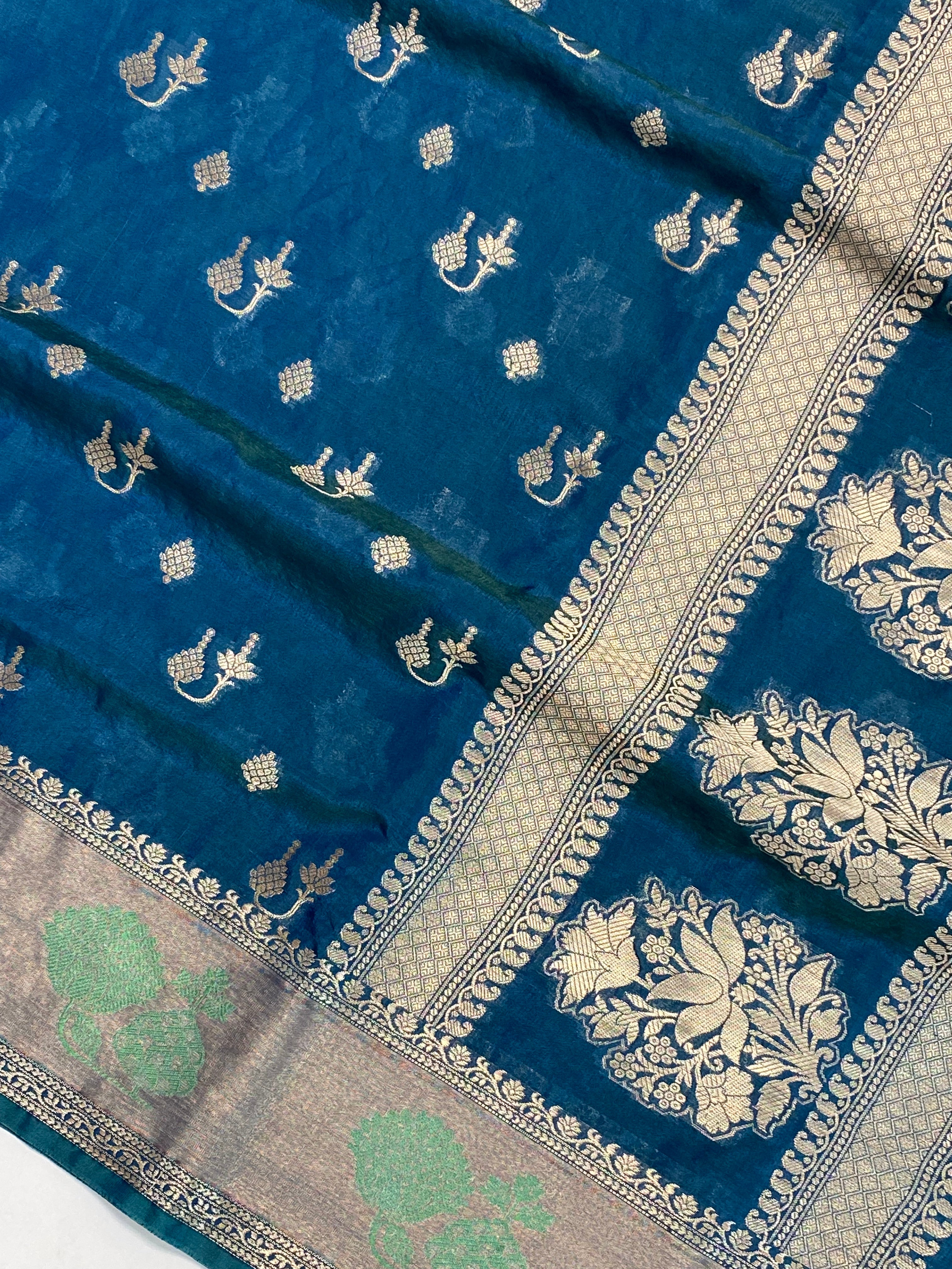 German blue semi Raw Mango silk Border Buta with Golden Zari Banarasi Saree