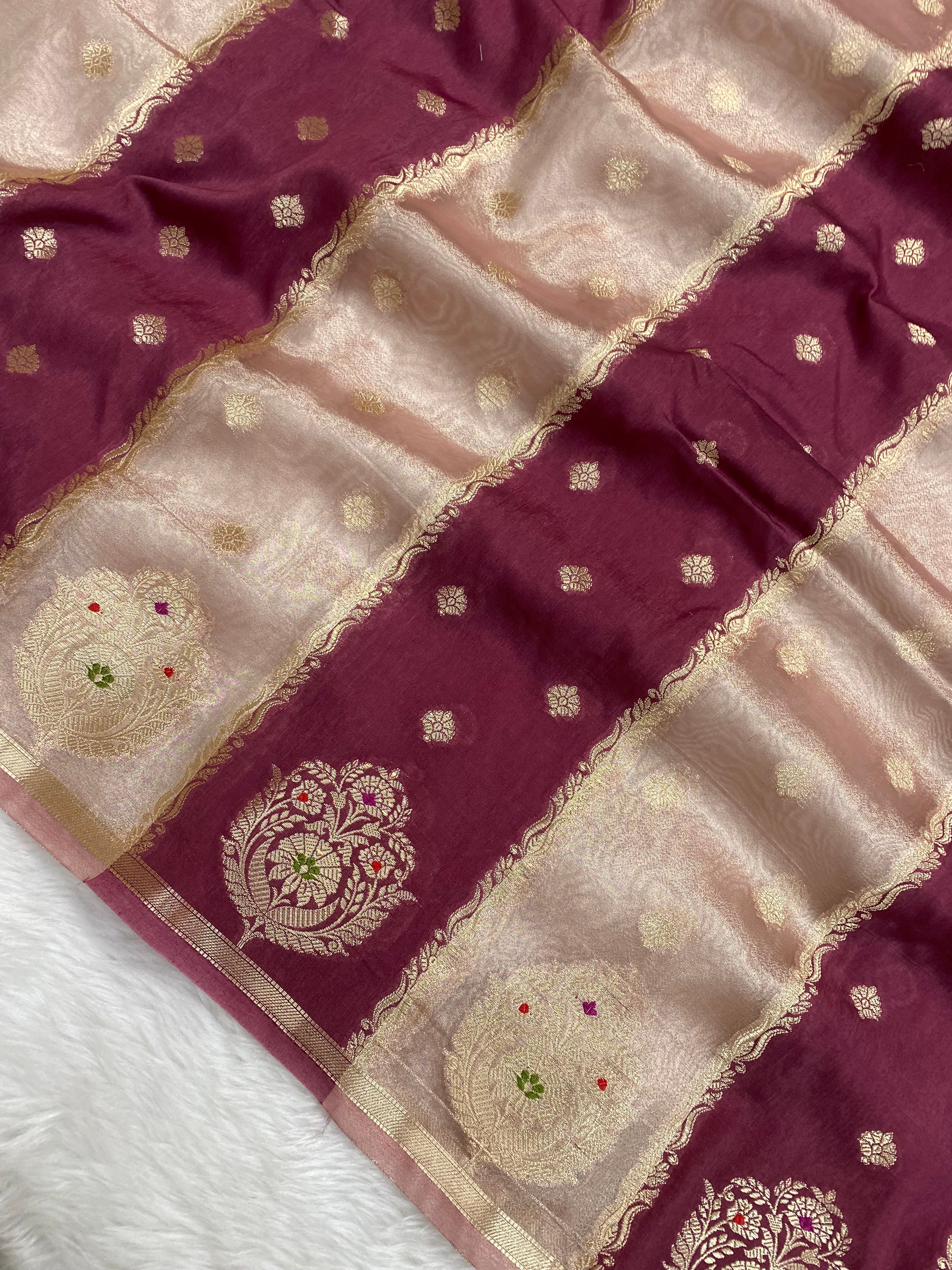 Wine Raw Mango Tissue Silk Banarasi Saree