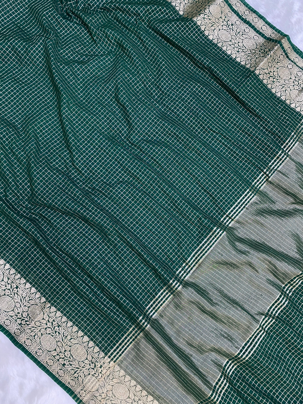 Green Cotton Check Banarasi Saree