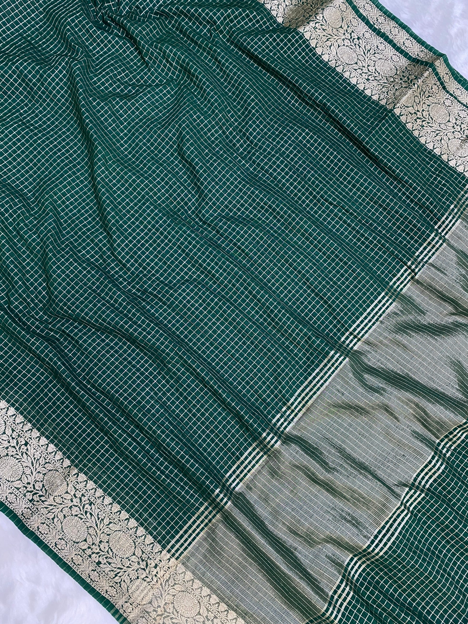 Green Cotton Check Banarasi Saree