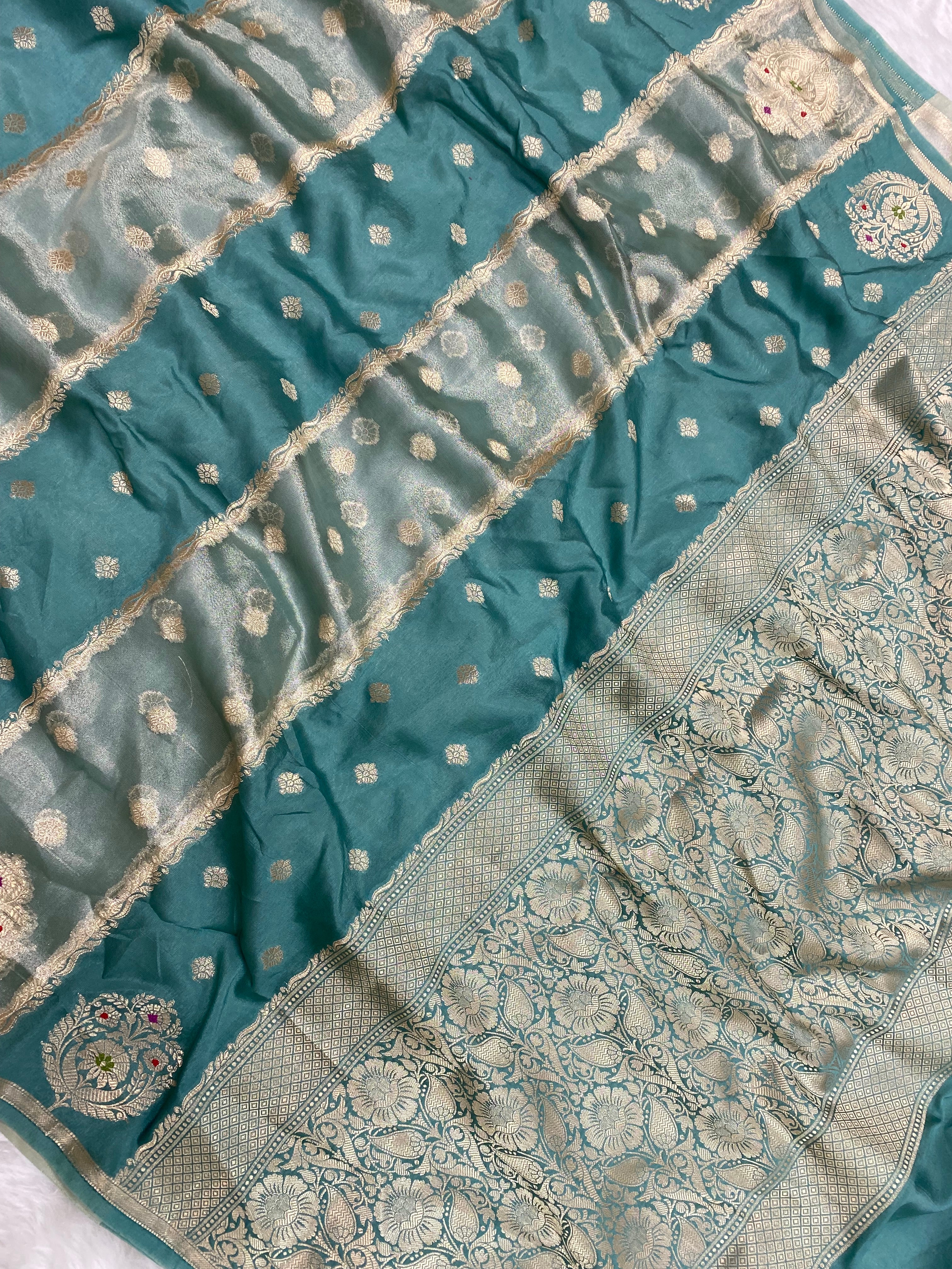Teal blue Raw Mango Tissue Silk Banarasi Saree