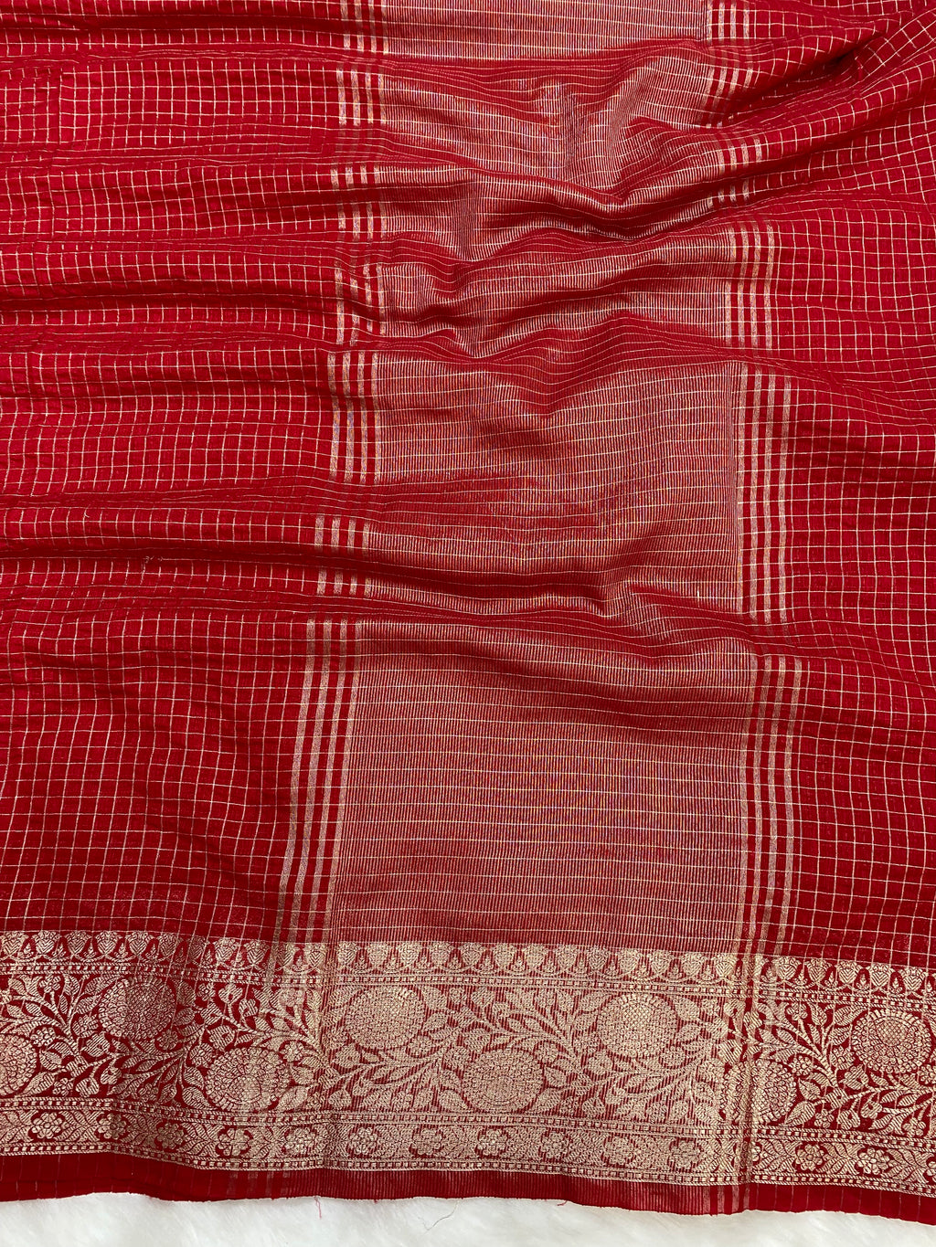 Red Cotton Check Banarasi Saree
