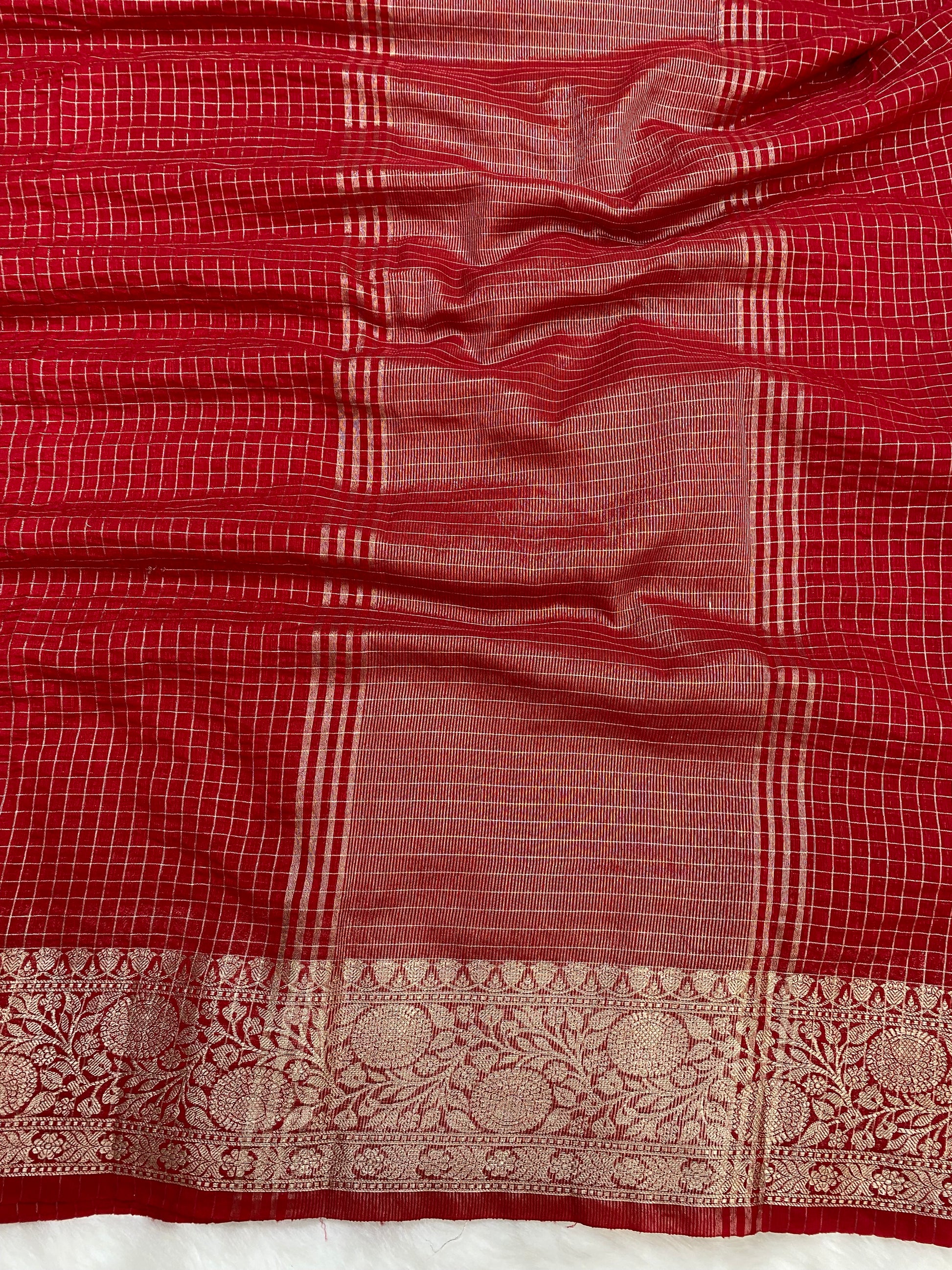 Red Cotton Check Banarasi Saree