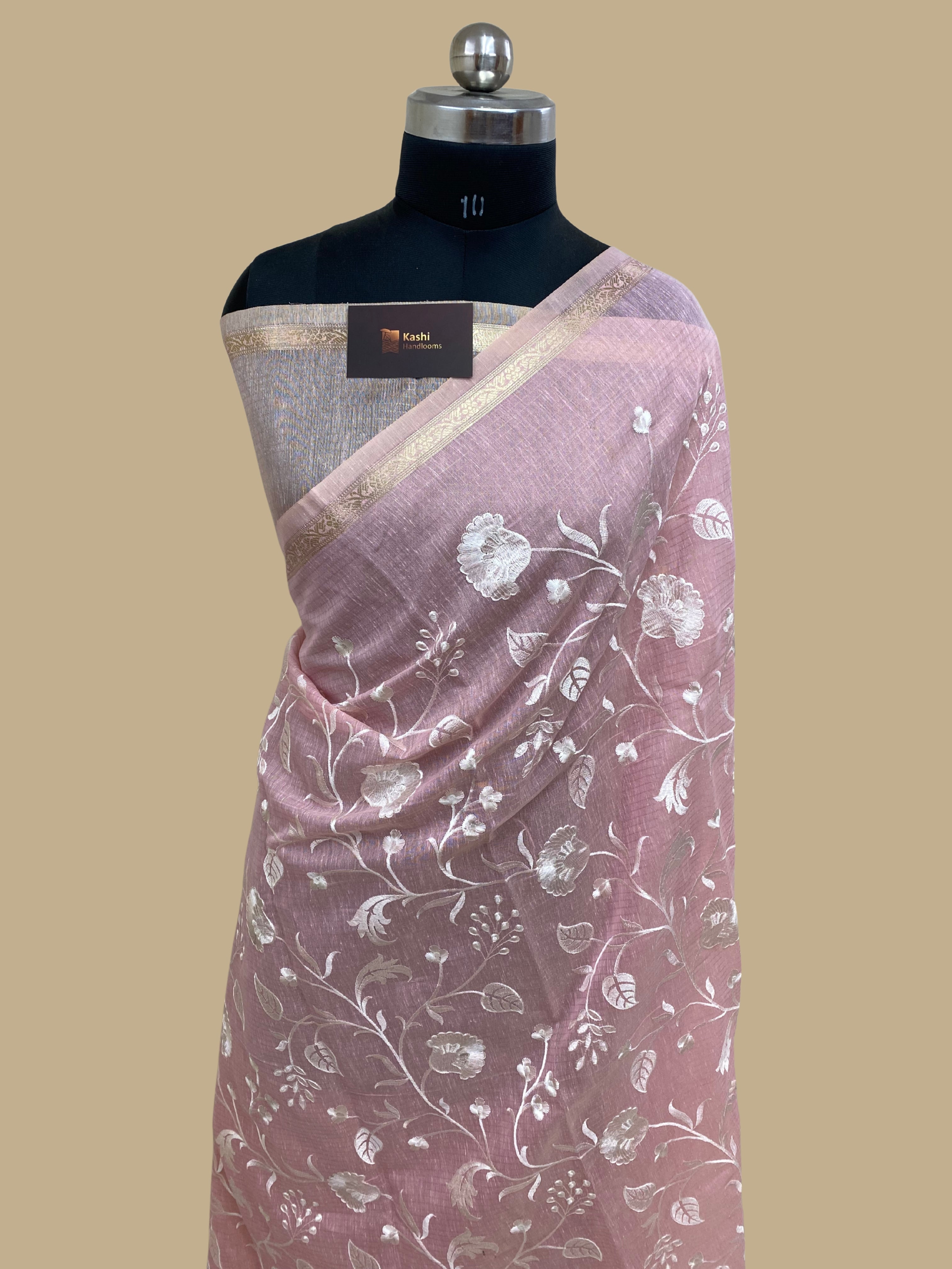 Pink linen cotton embroidery Banarasi saree