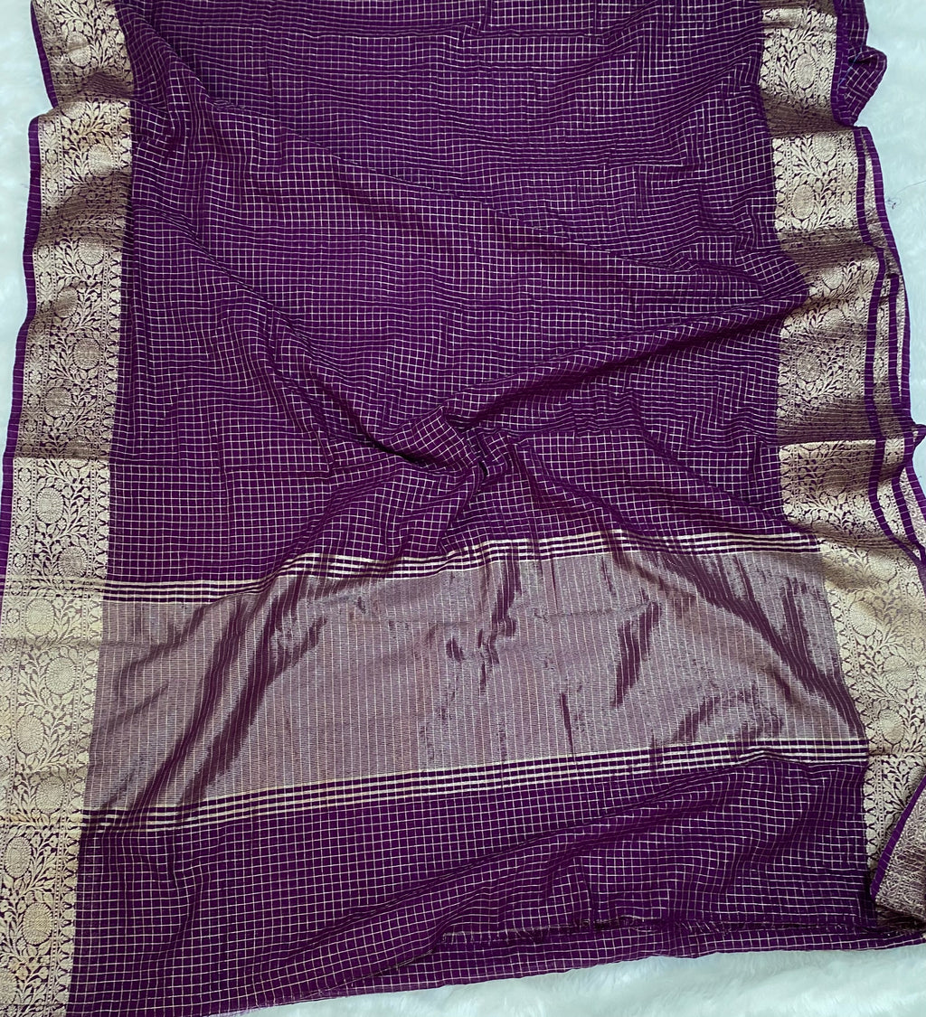 Magenta Fancy Check Cotton Banarasi Saree