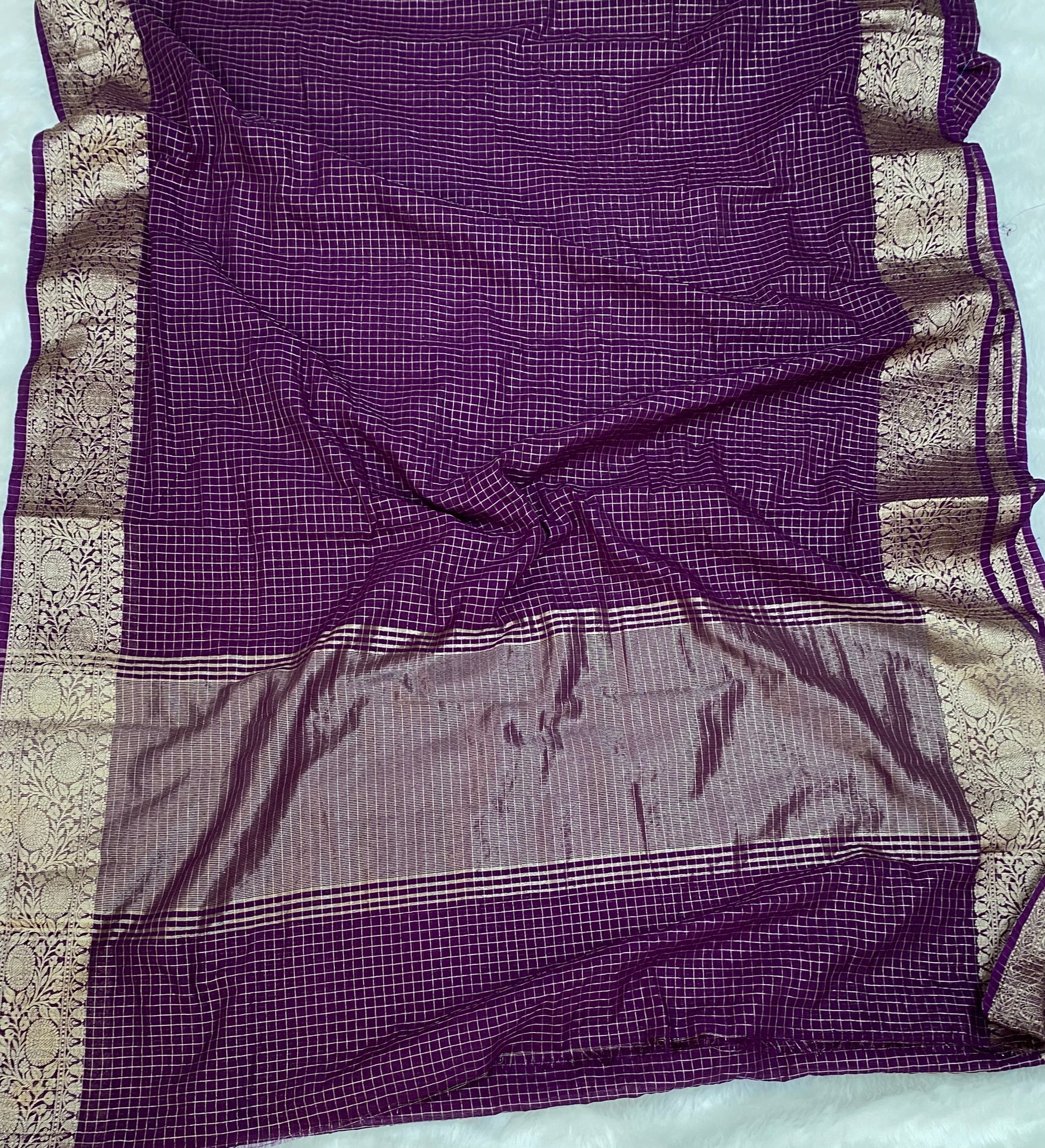 Magenta Fancy Check Cotton Banarasi Saree