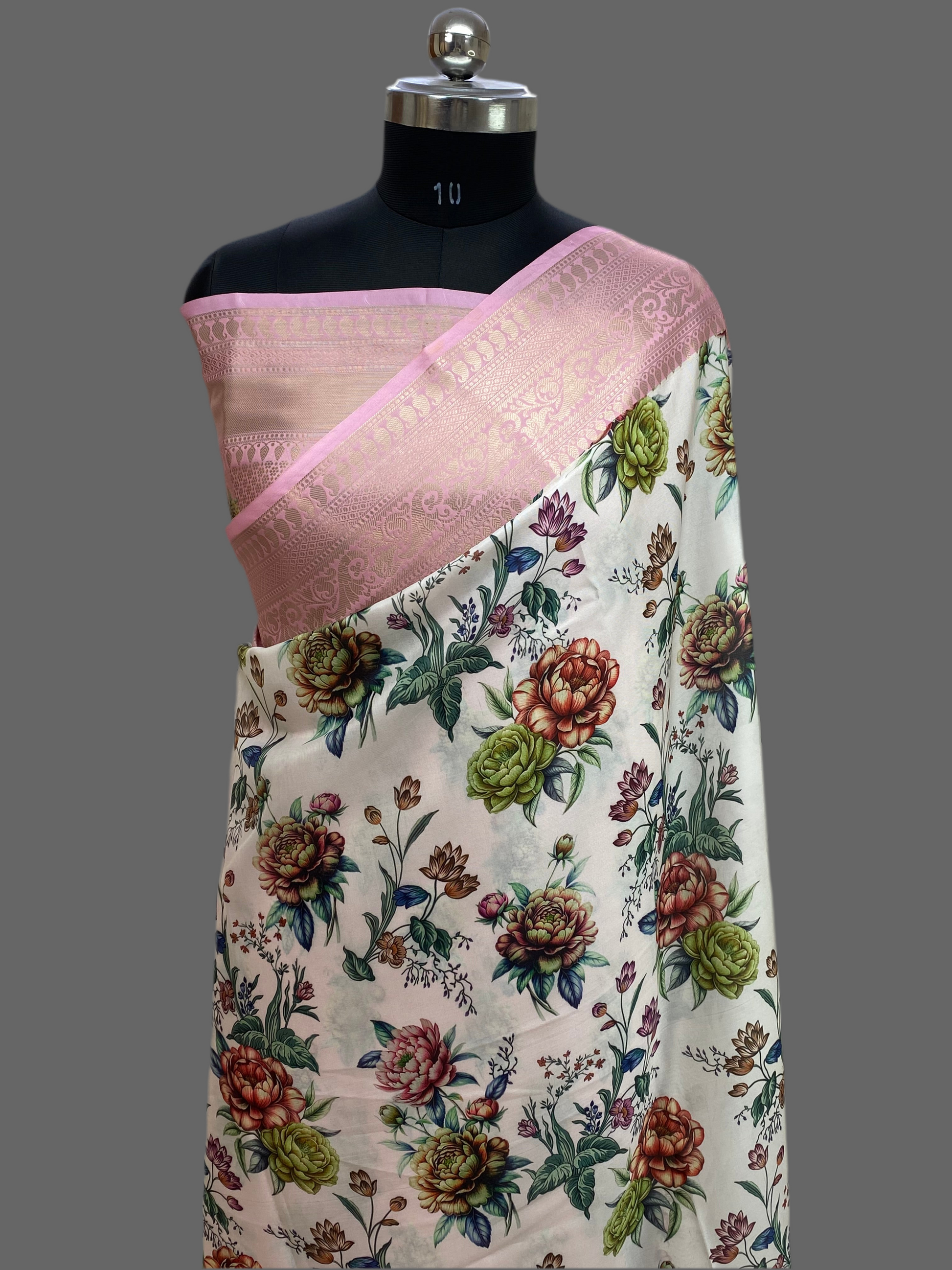 Off-White Floral Georgette Saree with Digital Print