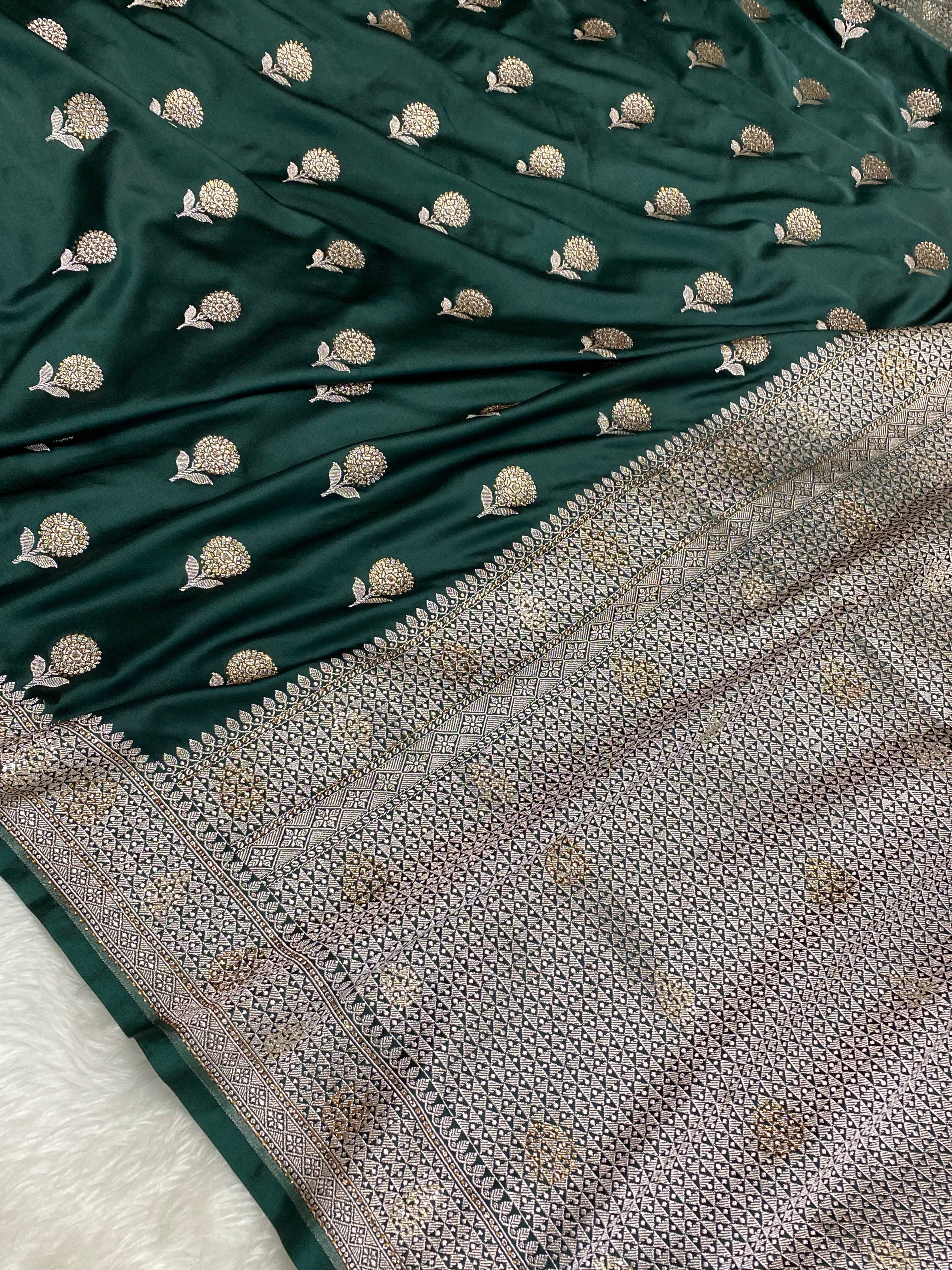 Bottle green colour mashru silk Banarasi saree