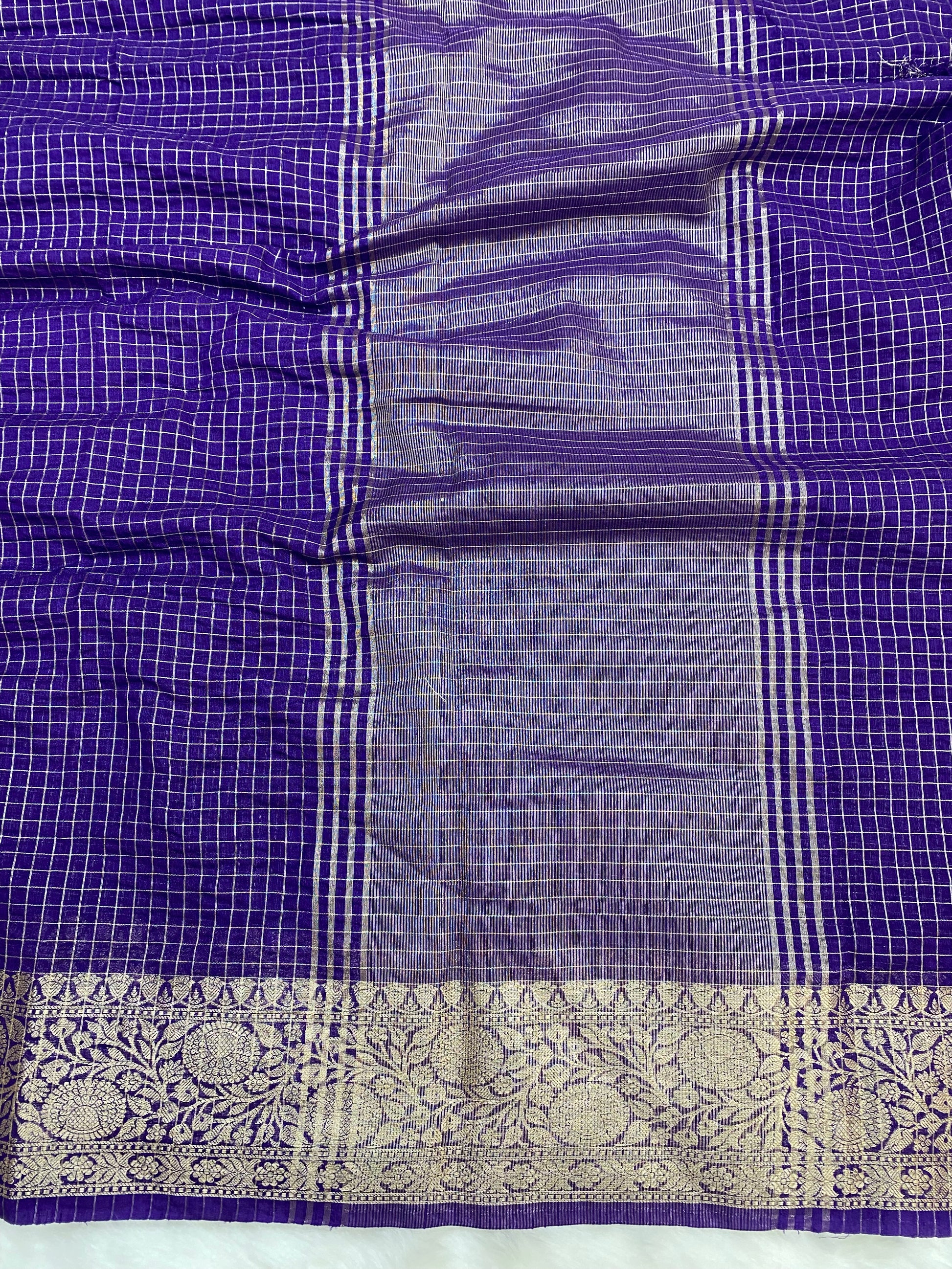 Purple Cotton Check Banarasi Saree