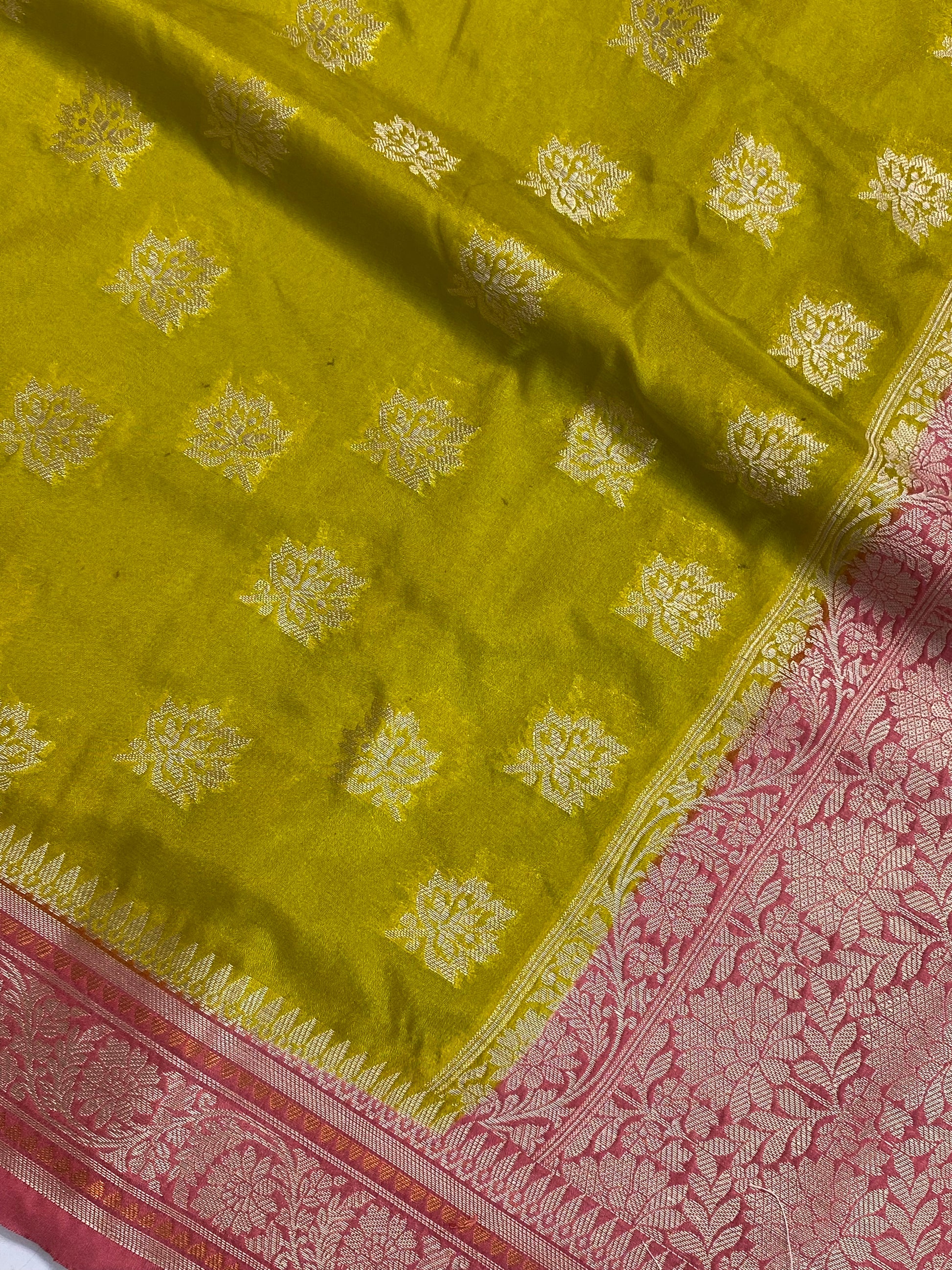 Yellow Munga Silk Border Buta Banarasi Saree with contrast boarder and pallu