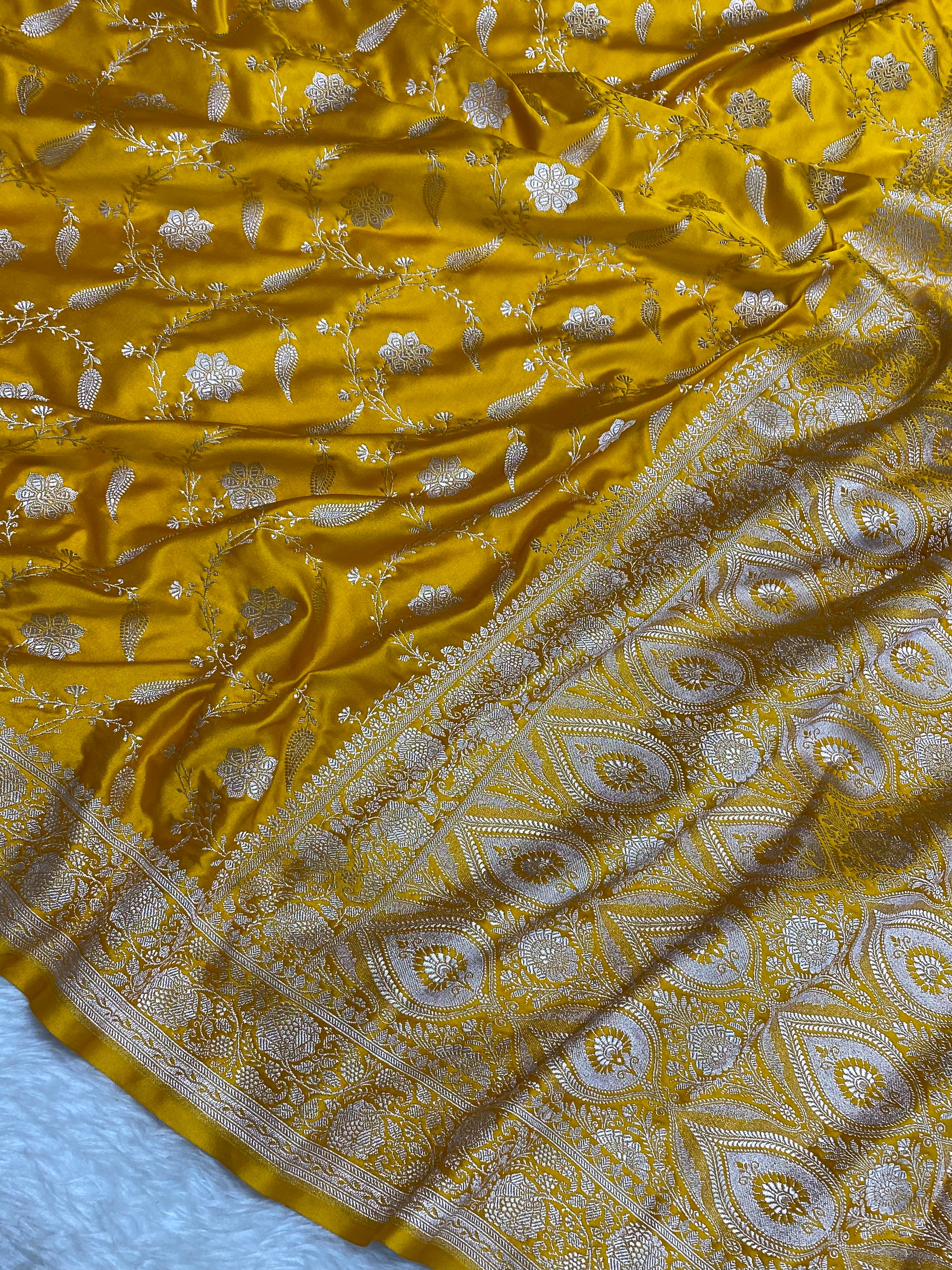 Mustard colour mashru silk banarasi saree
