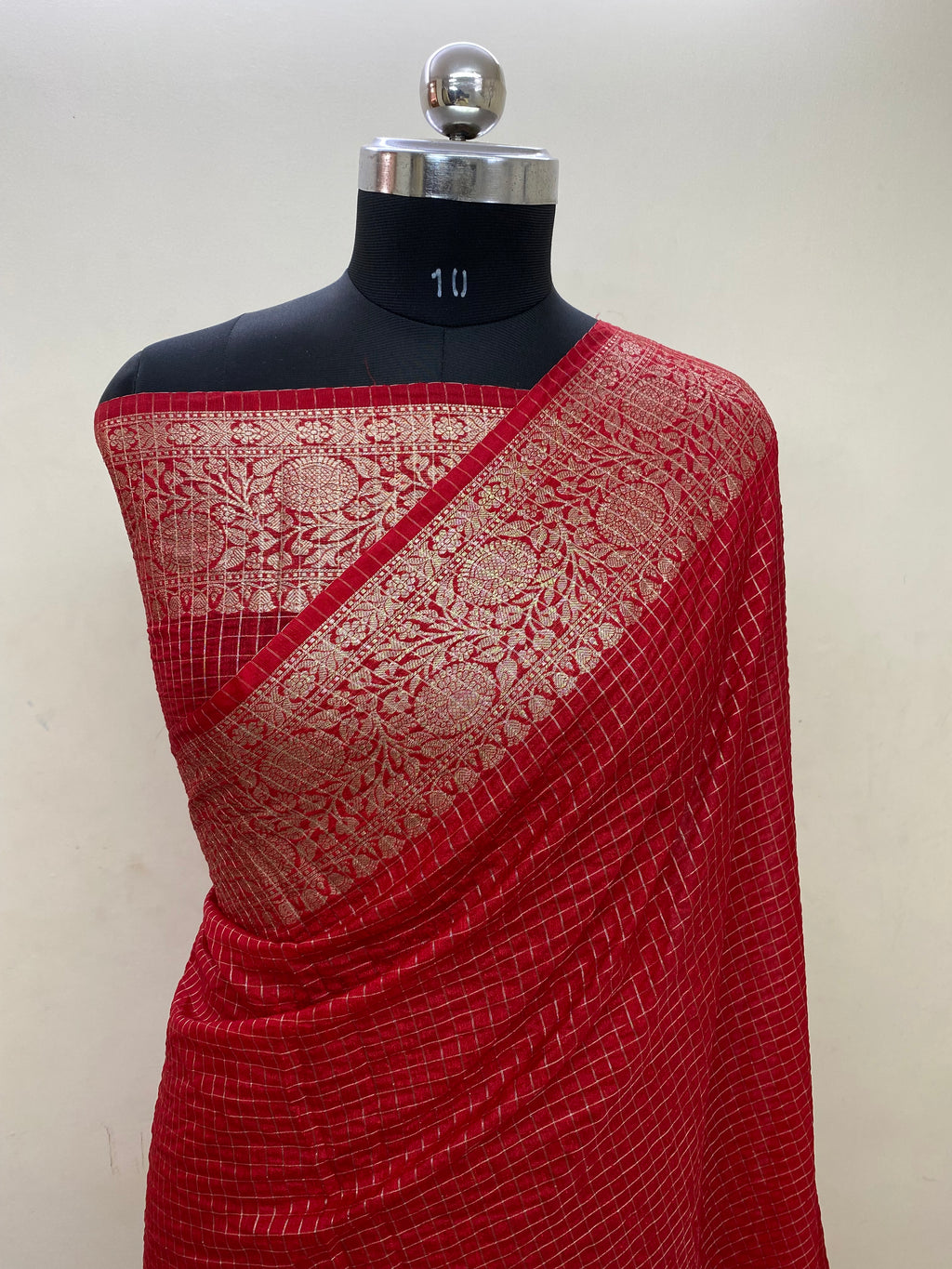 Red Cotton Check Banarasi Saree
