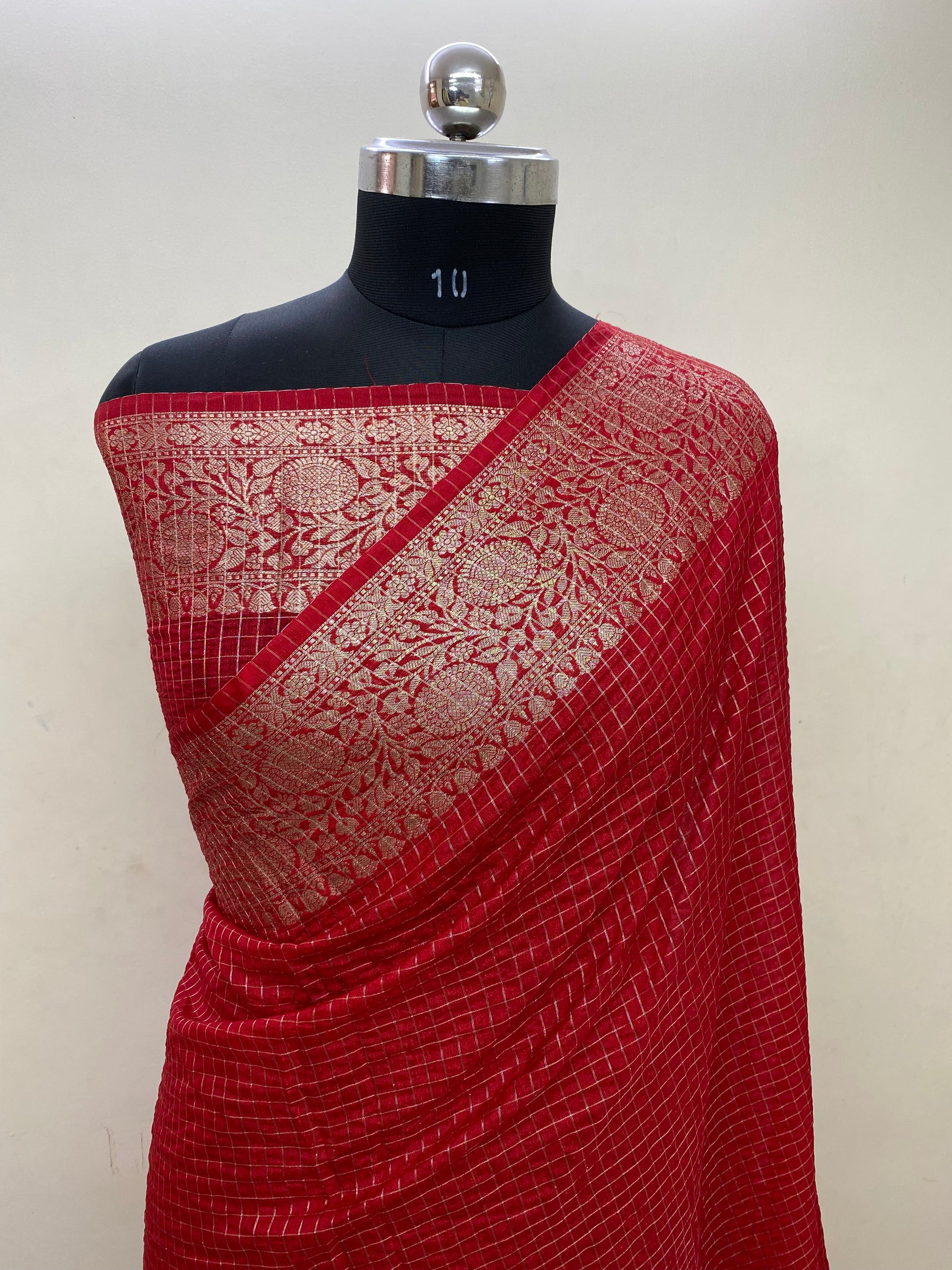 Red Cotton Check Banarasi Saree