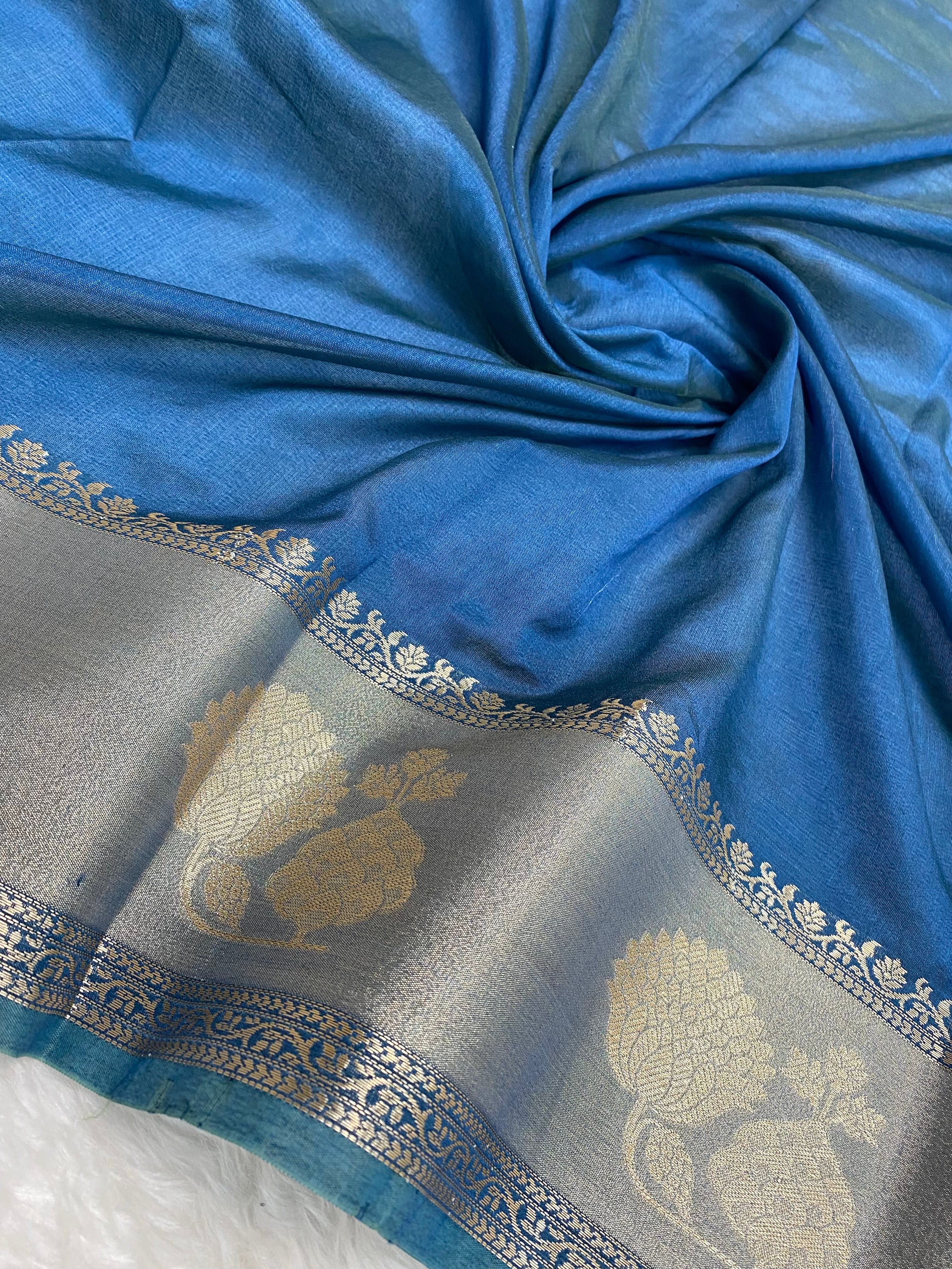 Viscose Raw mango jerman blue Banarasi saree
