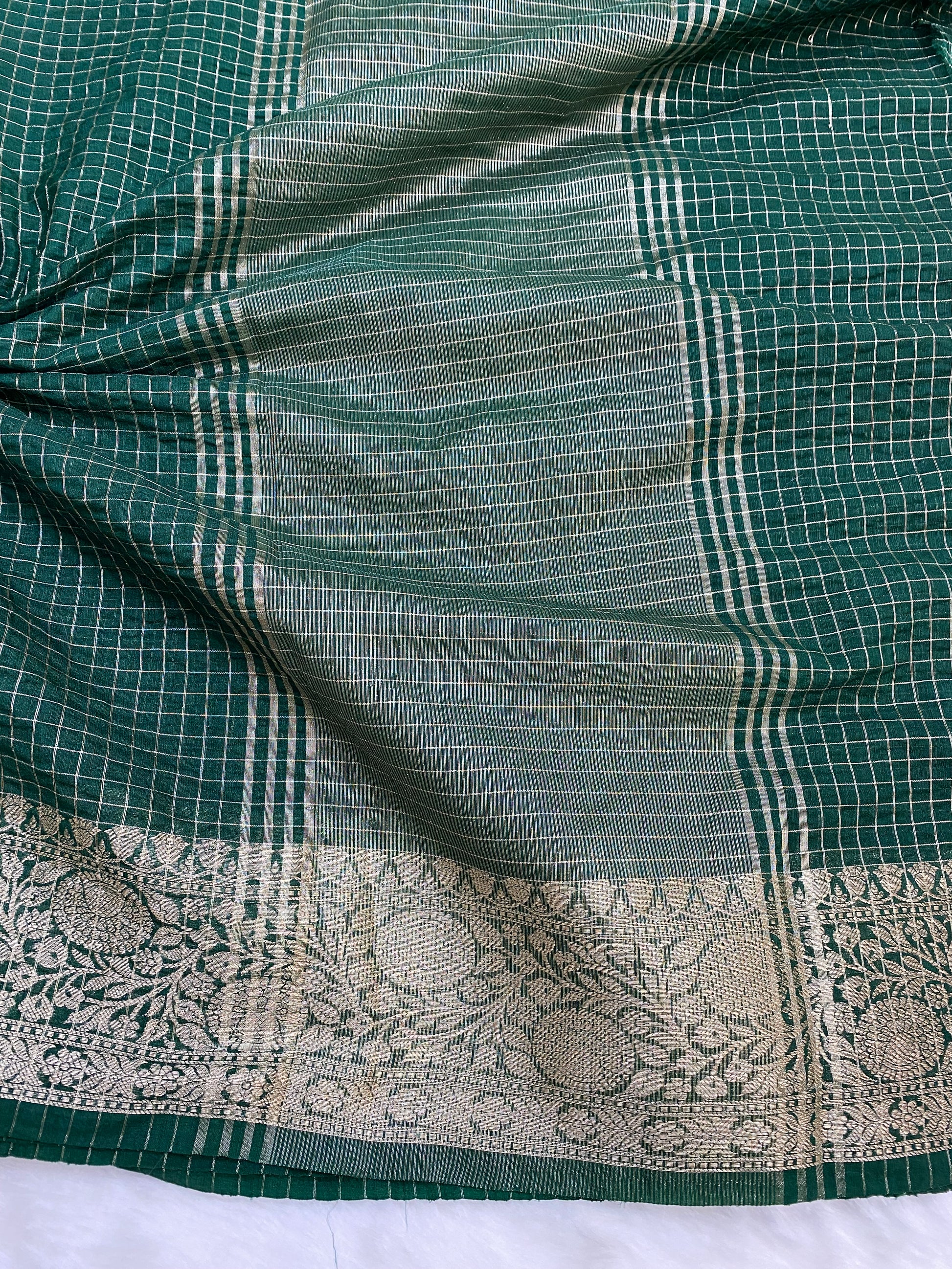 Green Cotton Check Banarasi Saree