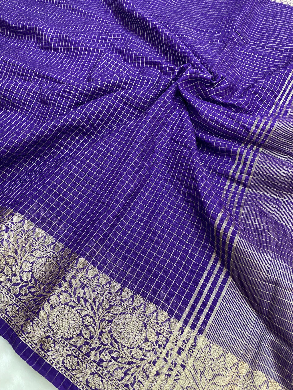 Purple Cotton Check Banarasi Saree