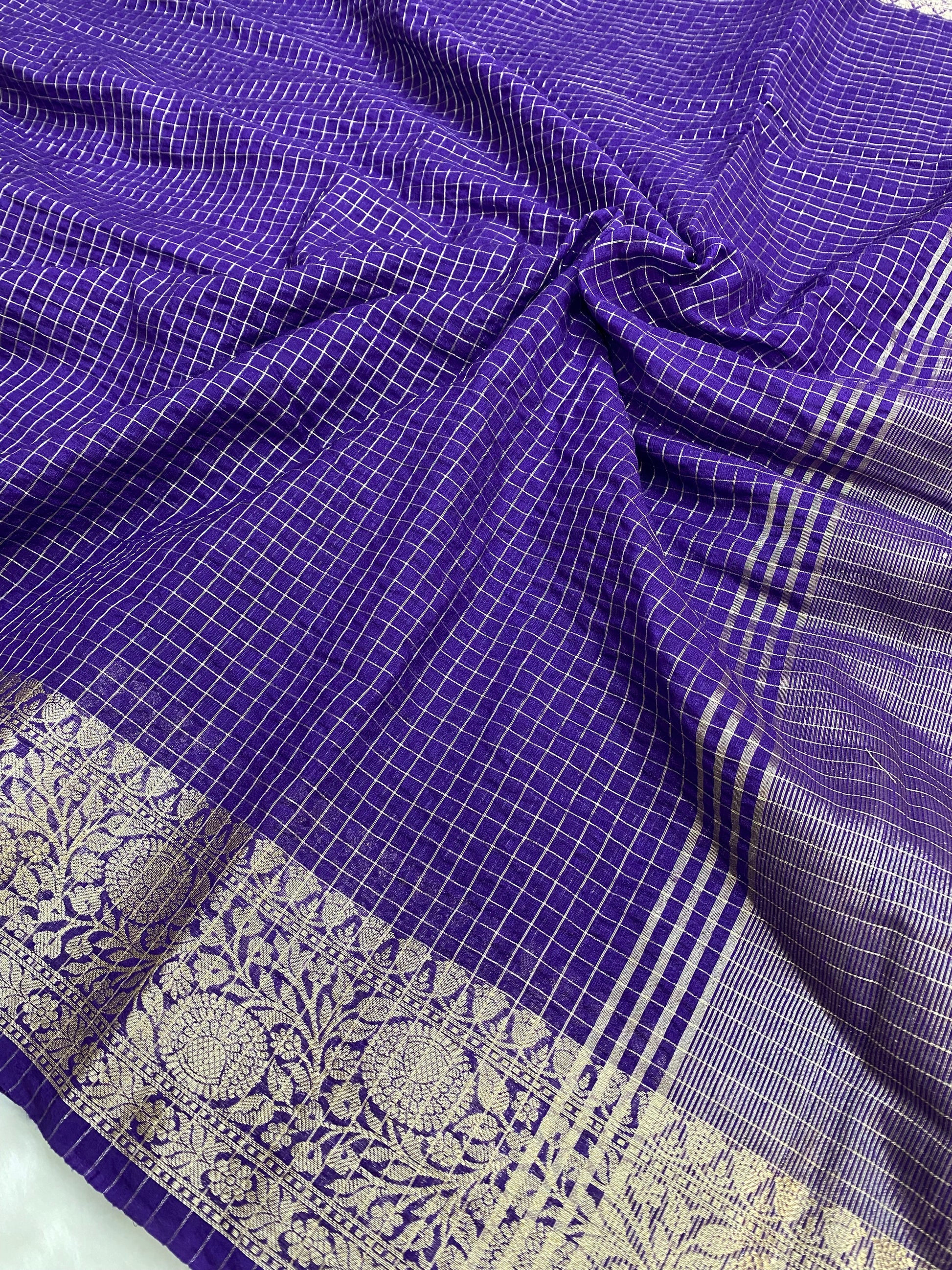 Purple Cotton Check Banarasi Saree