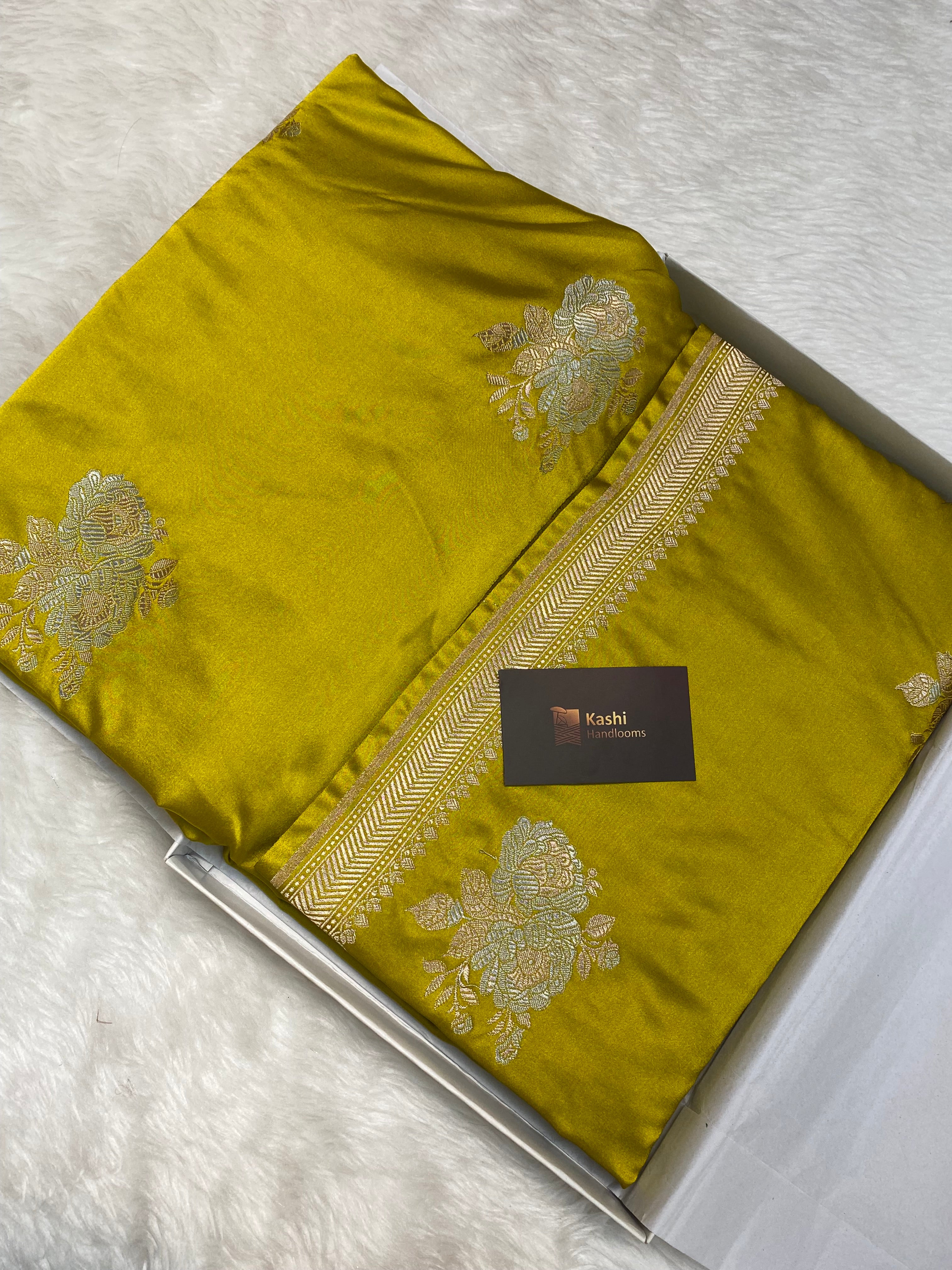 Lime mustards colour mashru silk banarasi saree